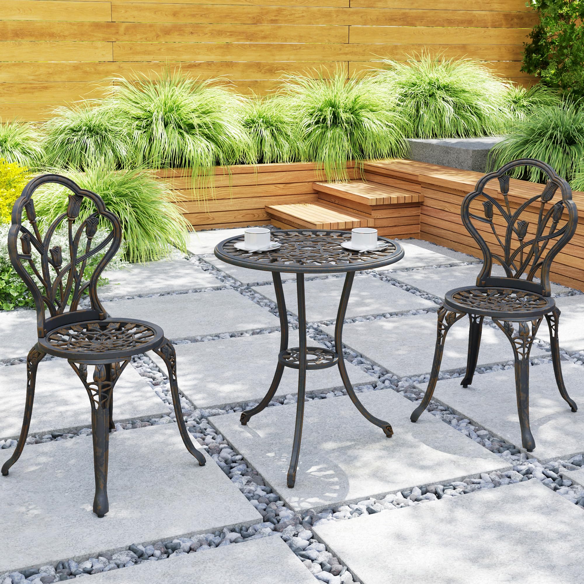Outsunny Set de terraza de Exterior de 3 Piezas con 2 sillas de jardín y Mesa Redonda con Orificio para sombrilla, Juego de Mesa y sillas de balcón de Aluminio, para Patio, jardín, Bronce | Mesa redonda de exterior con 2 sillas, juego de balcón de alumini