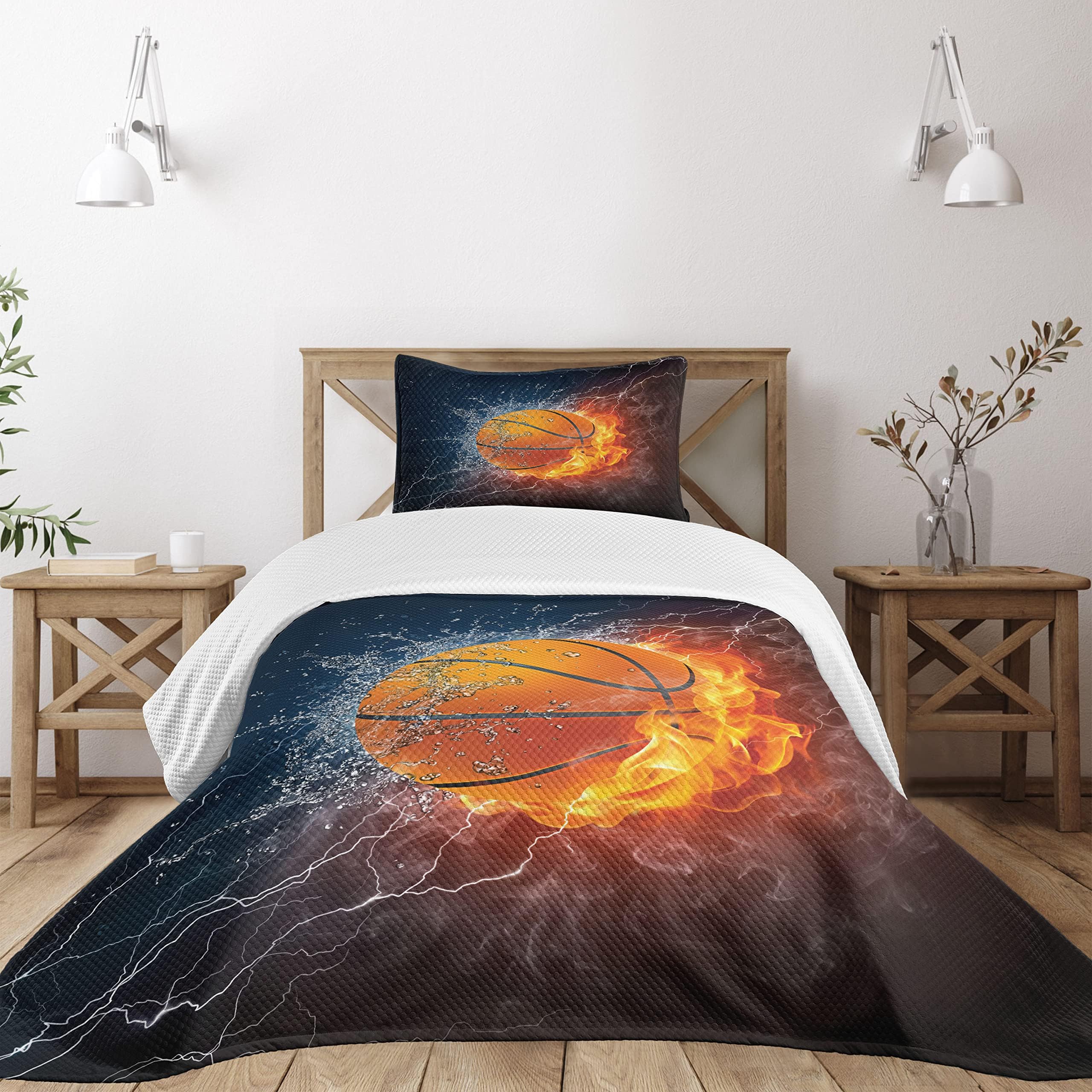 Lunarable Sports Bedspread, Basketball Ball and Water Splashing Thunder Lightning Themed Design Digital Illustration, Decorative Quilted 2 Piece Coverlet Set with Pillow Sham, Twin Size, Blue Burgundy