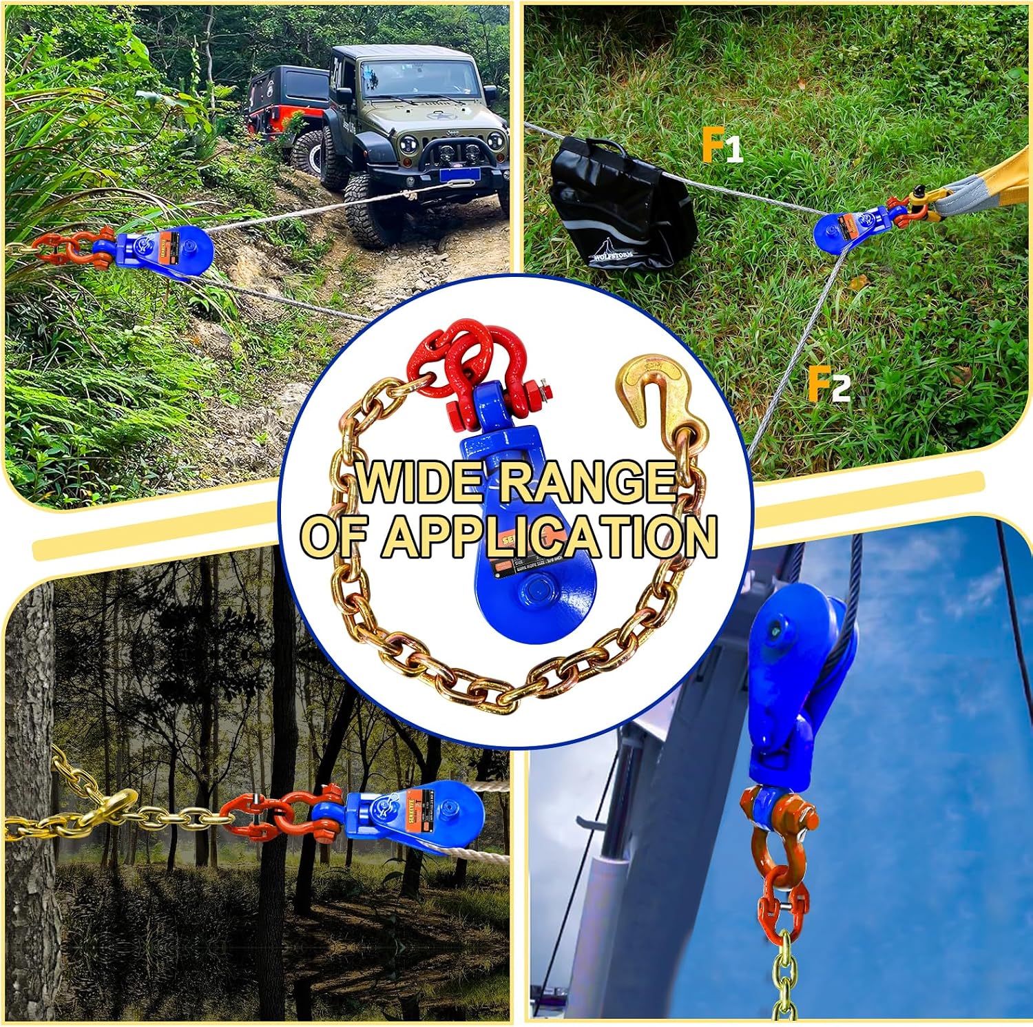 2 Ton Snatch Block with G80 Chain and G70 Hook, Suitable for 3/8" Wire Ropes, Snatch Block Pulley Kit for Flatbed,Tow Truck,Rollback Wrecker, Car Carrier, Winch,Blue Color,