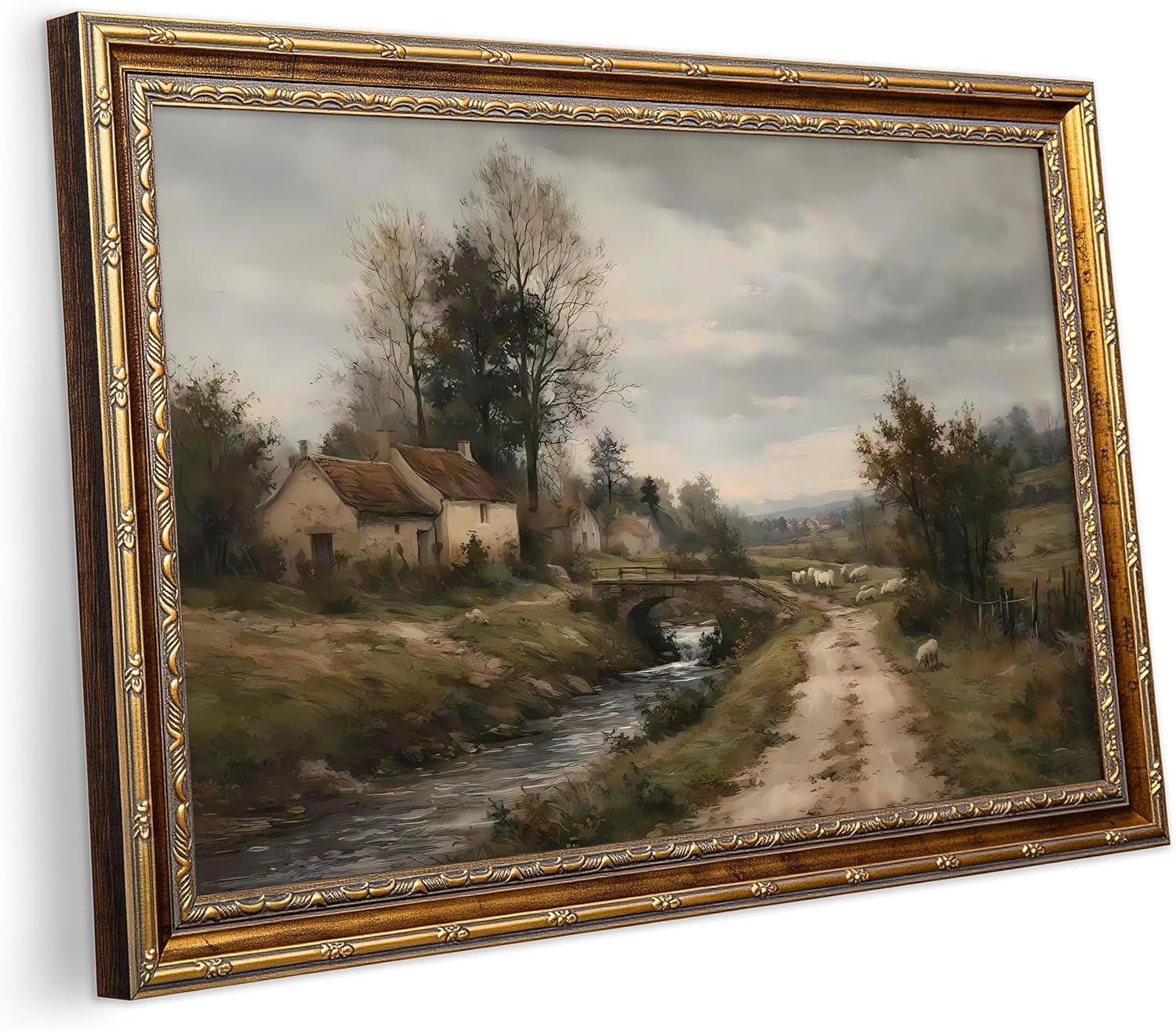 1pcs Gold Framed Vintage Wall Art, Rustic Antique Landscape Farm Decor for Bedroom Living Room Sheep/Cattle & Stone Bridge/Church, Classic Oil Painting Style Wall Decor, Removable Magic Tape Hanging (Countryside Wall Art, 12x16in, Framed)