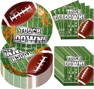 Umigy 100 Pcs Football Party Supplies Disposable Paper Plates Napkins Set Football Gameday Tailgate Tableware Set Dinner Lunch Dessert Appetizer Decoration for Birthday Party Serves 50Round