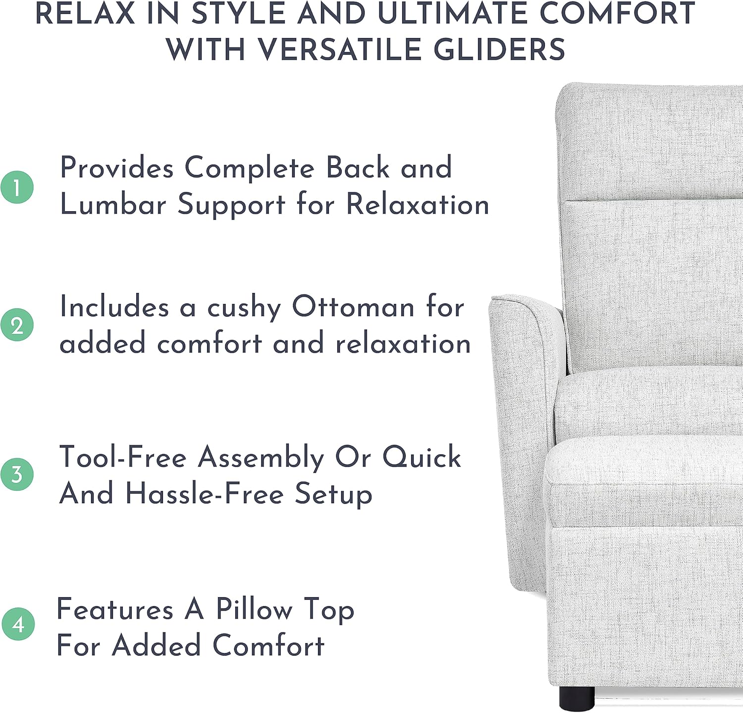 Evolur Aria Upholstered Plush Seating Glider Swivel with Ottoman in Fog Grey, Greenguard Gold Certified Modern Nursery Chair with Side Pockets, Tool-Free Assembly, Easy to Clean
