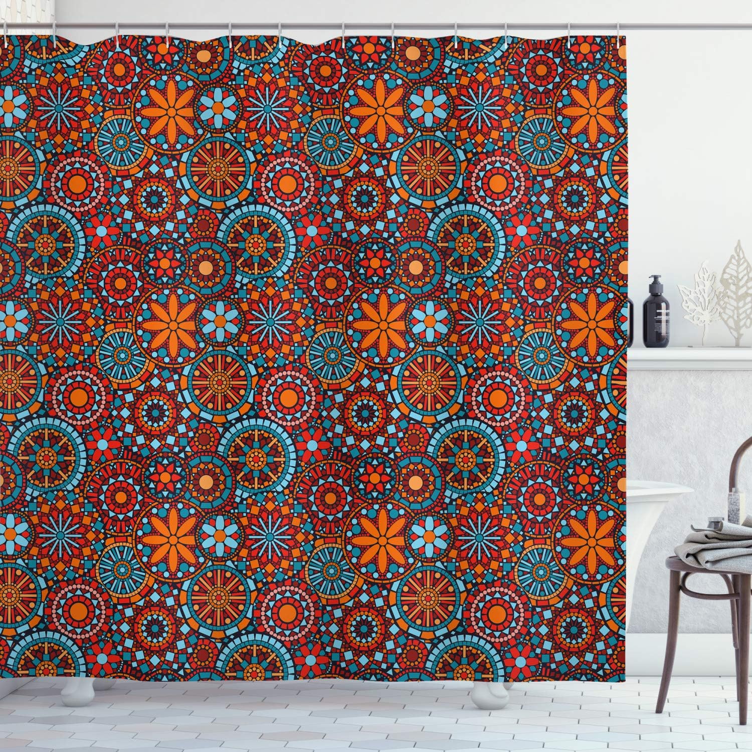 ABAKUHAUS Mandala Shower Curtain, Circular Floral Cosmos Moroccan Design, Cloth Fabric Bathroom Decor Set including Hooks