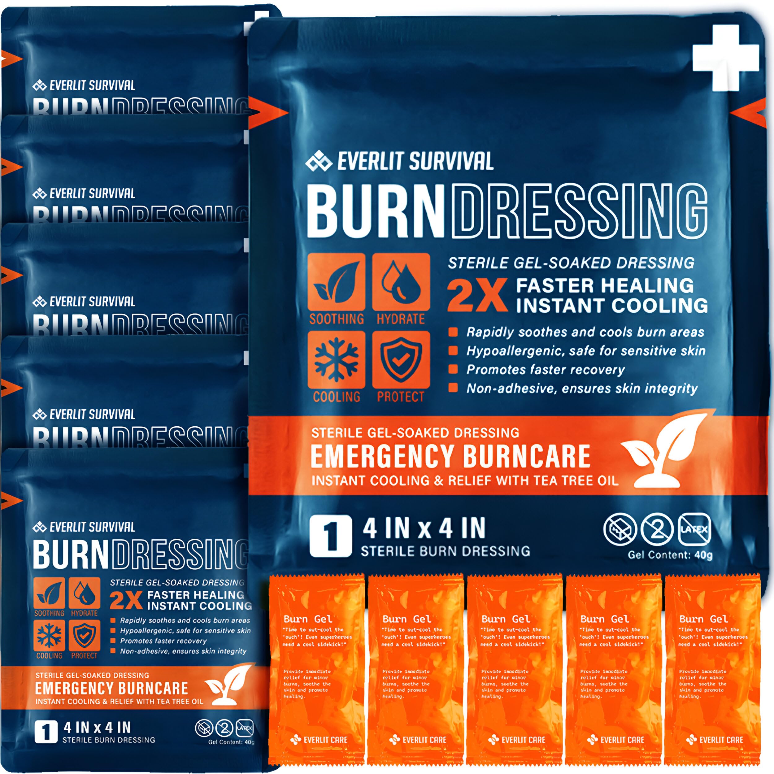 Everlit Survival Burn Dressing 4" x 4" | 5 Pcs Sterile Gel-Soaked Non-Adherent Pad + 5 Single-Use Burn Gel Packets for Instant Cooling, Calming &