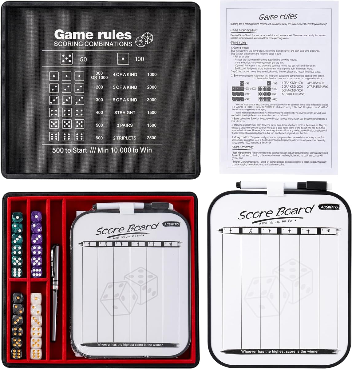 Dice Tray and Storage Case for Farkle Game - Includes Embedded Scoring Combinations, 4 Sets of 6 Pearl Dice, 50 Sheet Score Pad and Pen Holder for The Classic Family Game - Red and Black