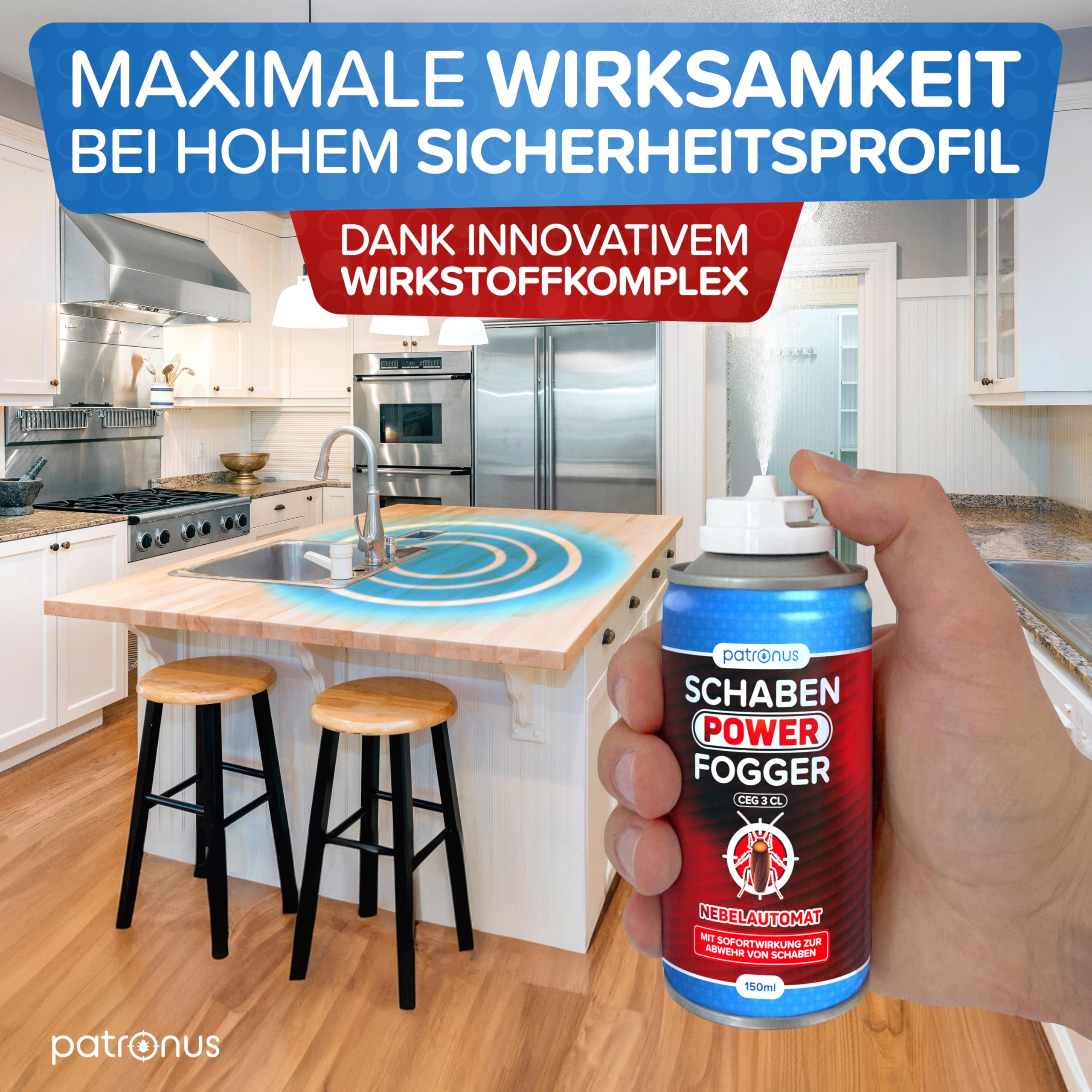 Patronus Schaben Power Fogger mit maximaler Sofortwirkung [2x 150 ml] | effektiver Vernebler zur Abwehr von Schaben & Kakerlaken, ideal für kleine Schaben-Verstecke - aus deutscher Produktion