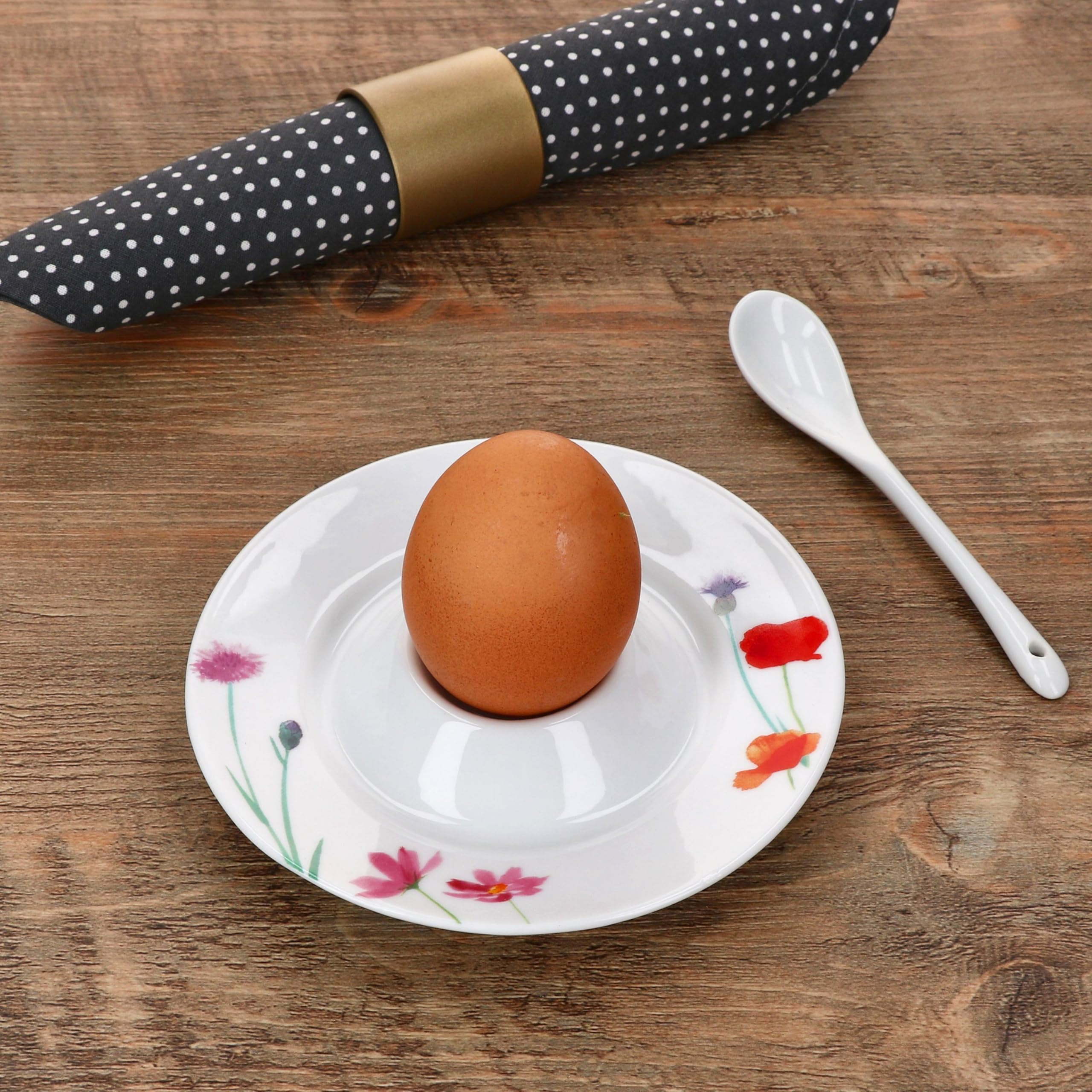 MamboCat Marie Lot de 6 coquetiers avec plateau I 6 personnes I Diamètre 13,2 cm I Coquetiers ronds en porcelaine avec décor prairie florale pour l'œuf du petit-déjeuner I Coquetiers plats pour brunch