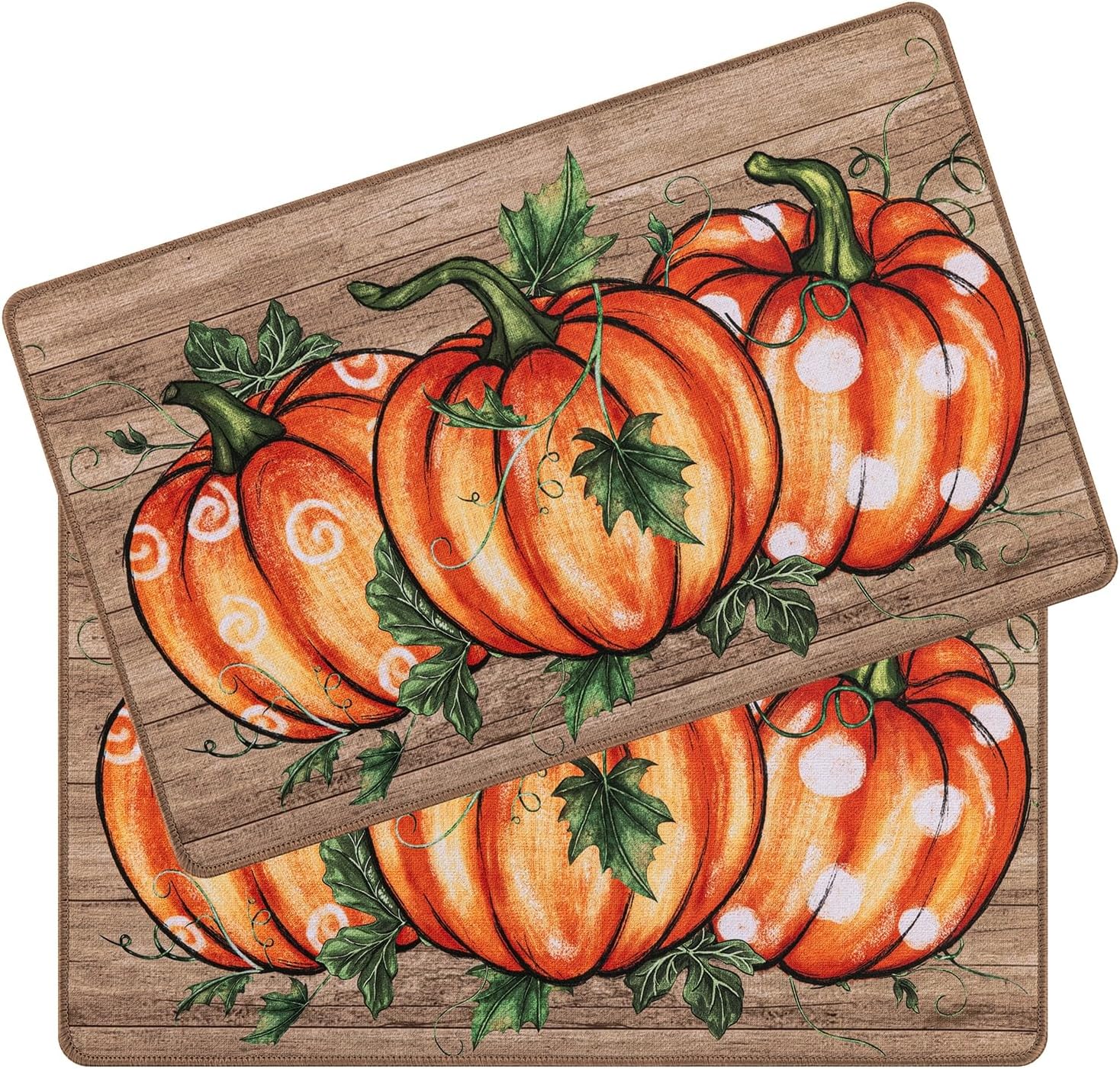 SHACOS Fall Dish Drying Mat 2 Pack 12x19 Inch, Wooden Orange Pumpkins