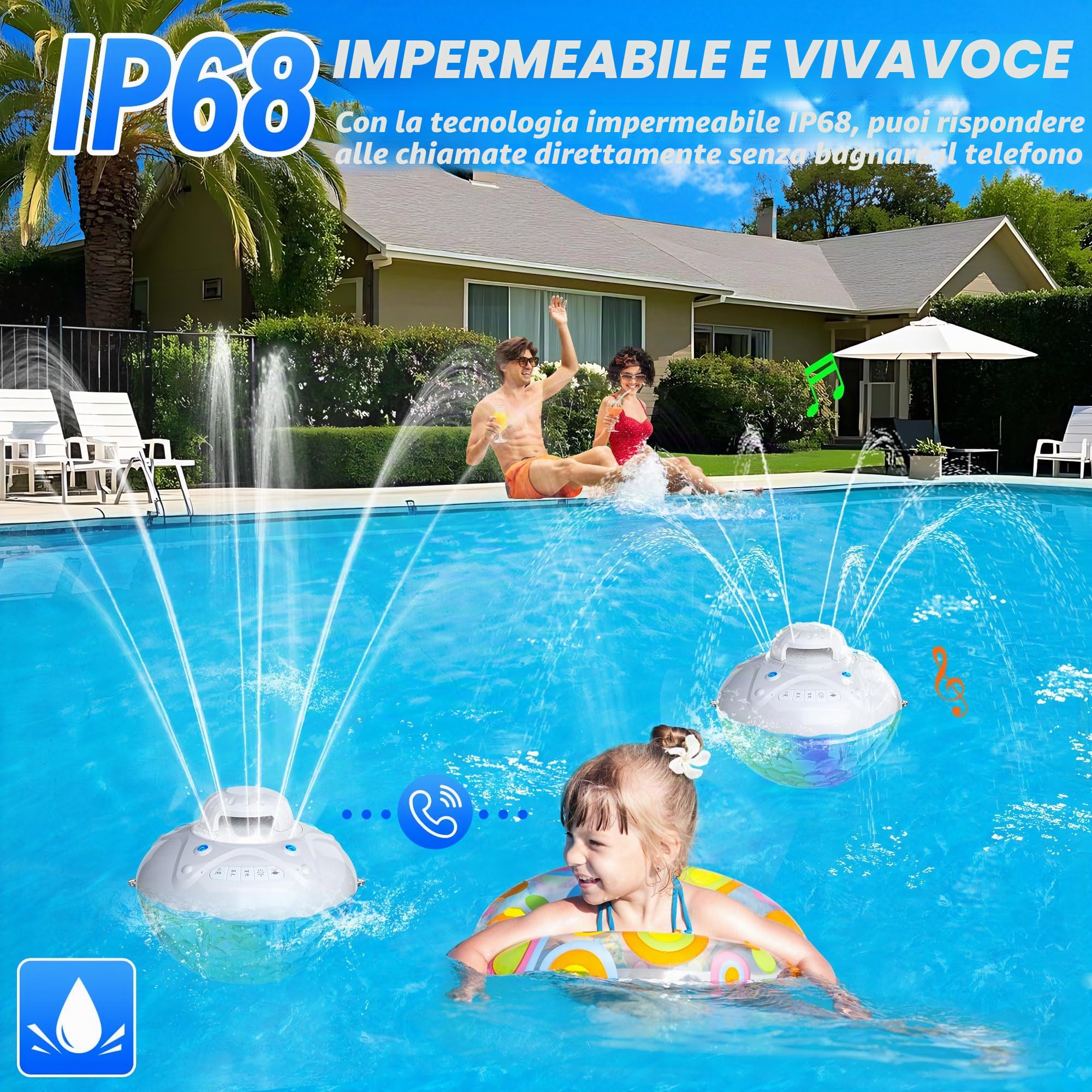 KingSom 3 in 1 Altoparlante per Piscina con Fontana Piscina Luminosa, 10000mAh Altoparlante Bluetooth Potente, Cassa Bluetooth Impermeabile IP68, BT5.4,Suono Stereo,24 ore Fontana Piscina Ricaricabile