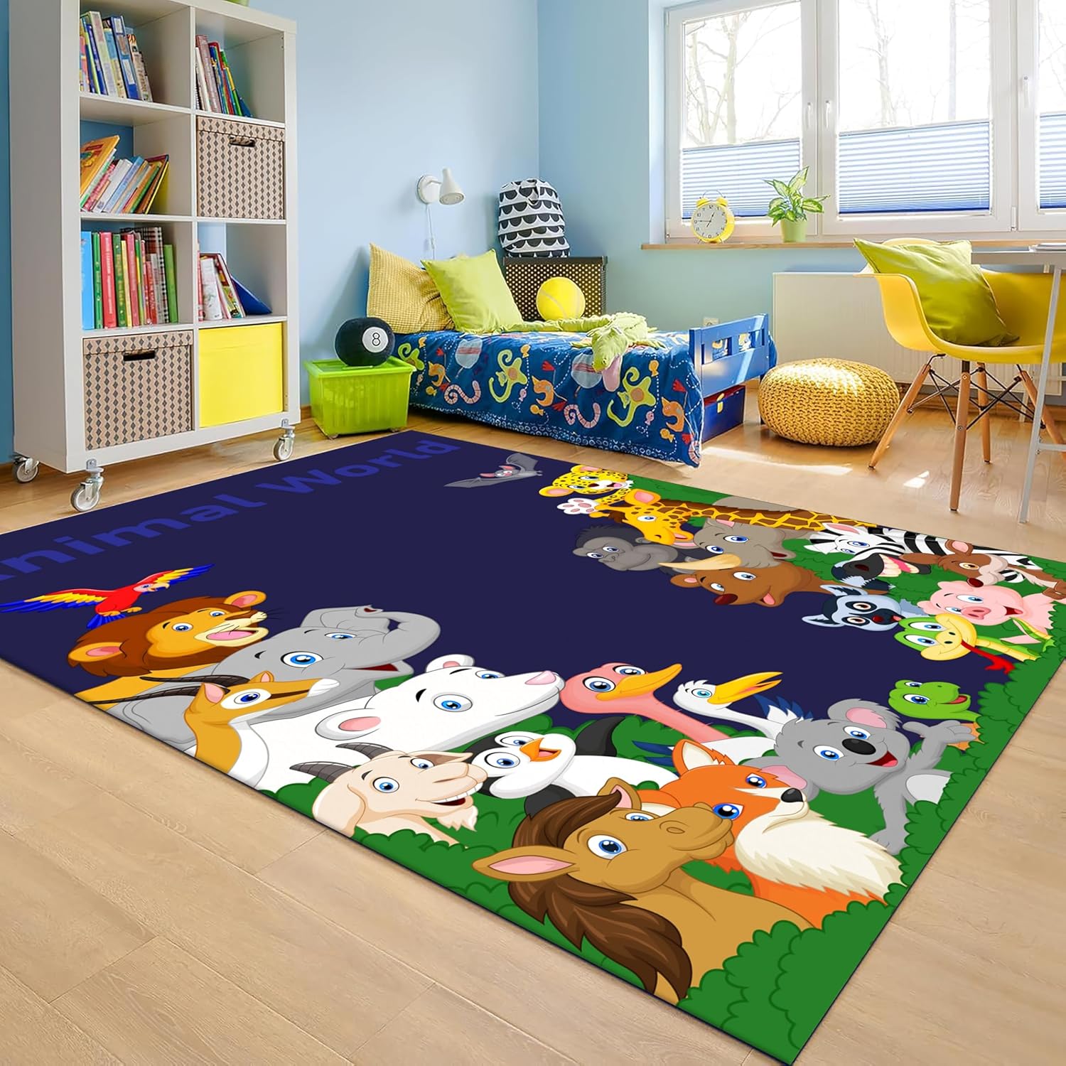 Cartoon Forest Animals Area Rug 3x5ft,Cute Animal Printed Learning Play Mat,Lion Leopard,Giraffe,Elephant Cartoon Washable Rugs,Non Slip Kids Educational Classroom Carpet for Playroom Nursery