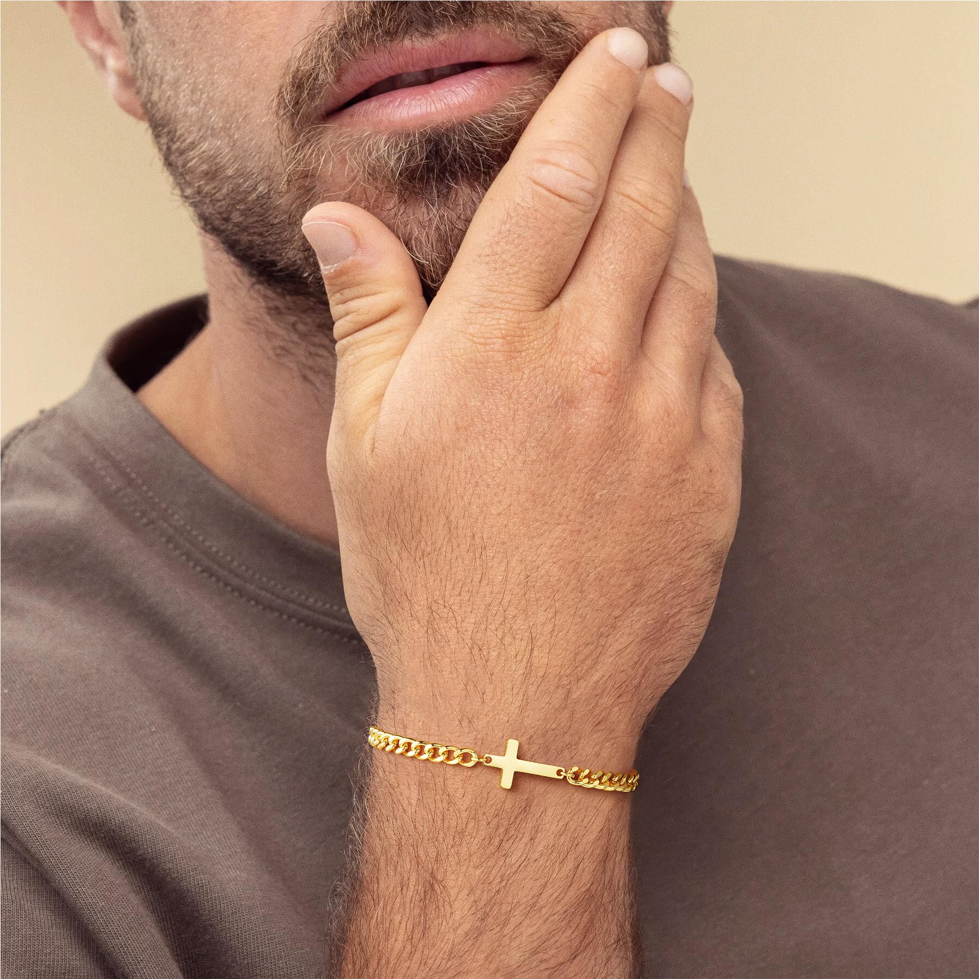 TINGN Bracelet pour homme en acier inoxydable 316L - Bracelet pour homme - Figaro cubain - Chaîne de réservoir avec croix - Cadeau pour homme, père, petit ami, frère