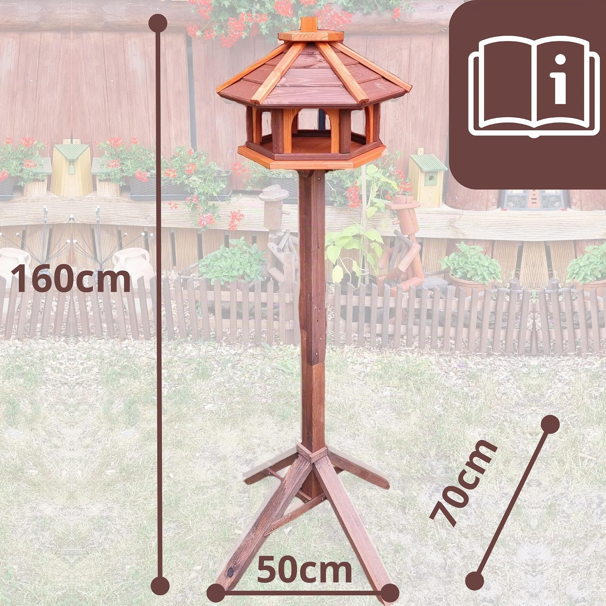 Vogelhaus mit Stander aus Holz, wetterfest, vogelfutterhaus, Futterhaus, Futterstation für Wildvögel, Vogelfutterhaus zum Stellen für den Garten, Balkon (Braun+Rot)