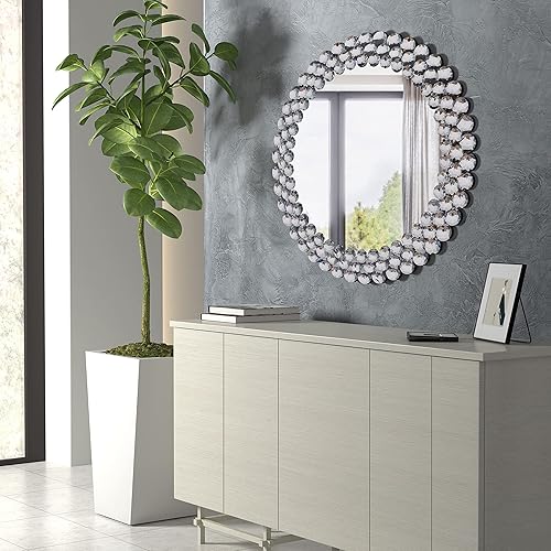 JACUKO Espejo decorativo redondo de pared, espejo veneciano grande con detalles de joyas para dormitorio, baño, entrada, pasadizo de 31.5 pulgadas