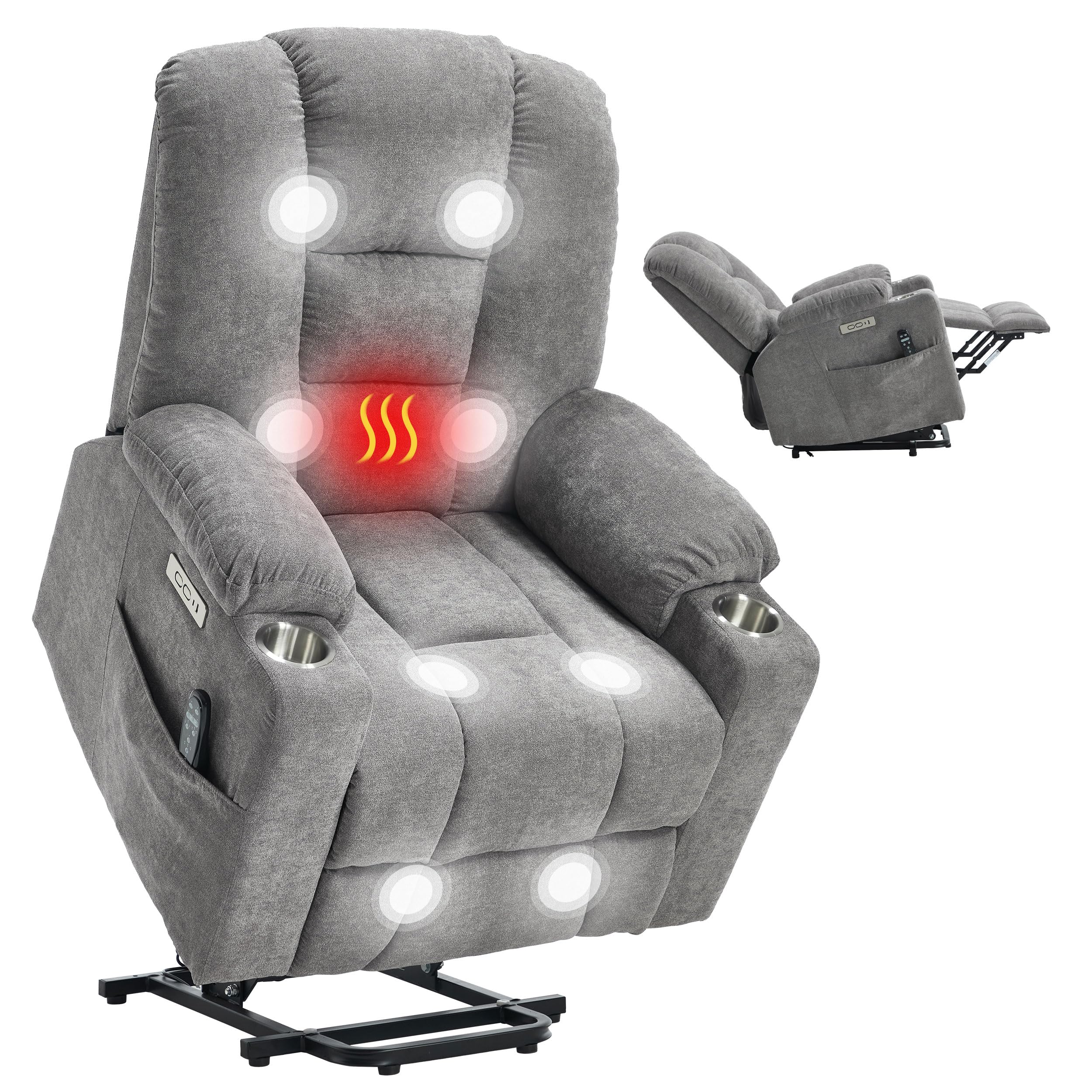 Power Lift Recliner Chair for Elderly, Electric Lift Recliner with Vibration Massage and Lumbar Heating, Single Sofa Reclining Chair with Cup Holders Charging Ports, Polyester Fabric Light Gray