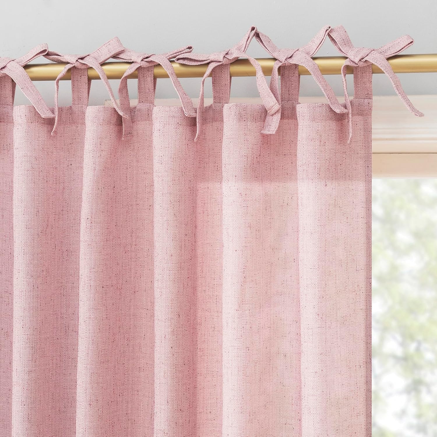 Sun Zero Roxy Generation Slub Texture Tacked Bow Semi-Sheer Tie Top Curtain Panel, 50" x 63", Pink