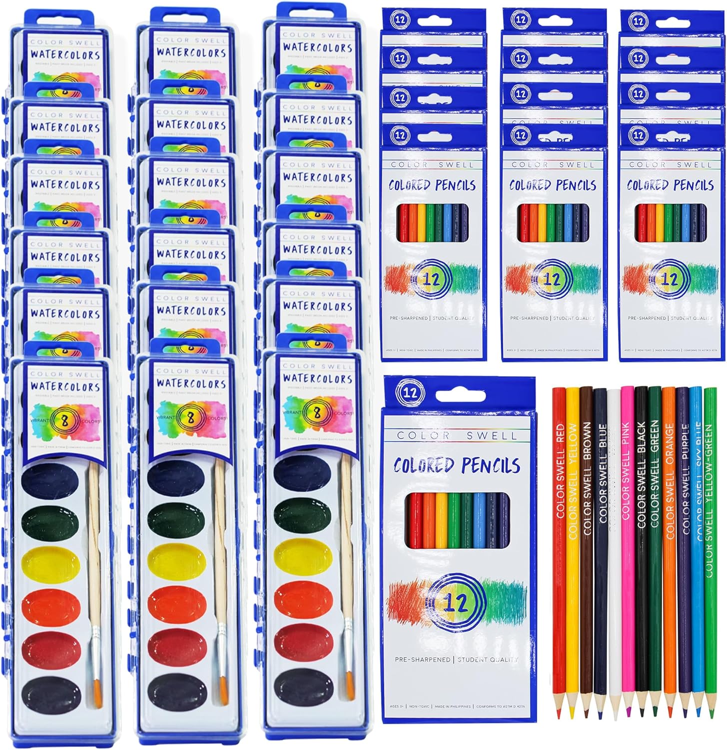 Creative Classroom Art Essentials Bundle - Washable Watercolors 18 Pack 8 Colors and Colored Pencils - Ideal for Kids, Teachers and Classroom Supplies