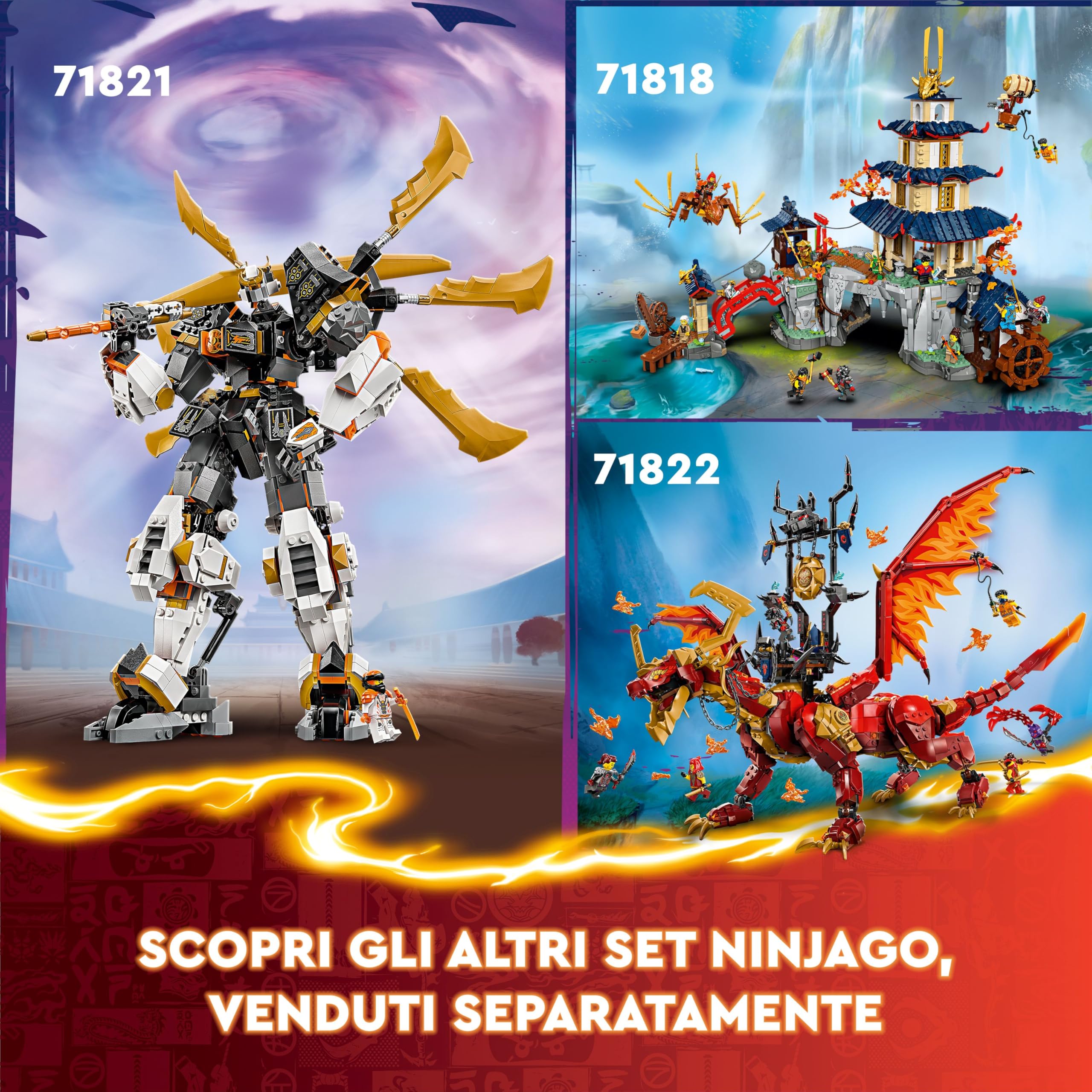 LEGO NINJAGO Cingolato del Team Ninja, Veicolo Giocattolo 4 in 1 con 2 Moto, Aliante e Macchina Fuoristrada da Costruire, Giochi d'Avventura per Bambini e Bambine da 9 Anni con 6 Minifigure 71820