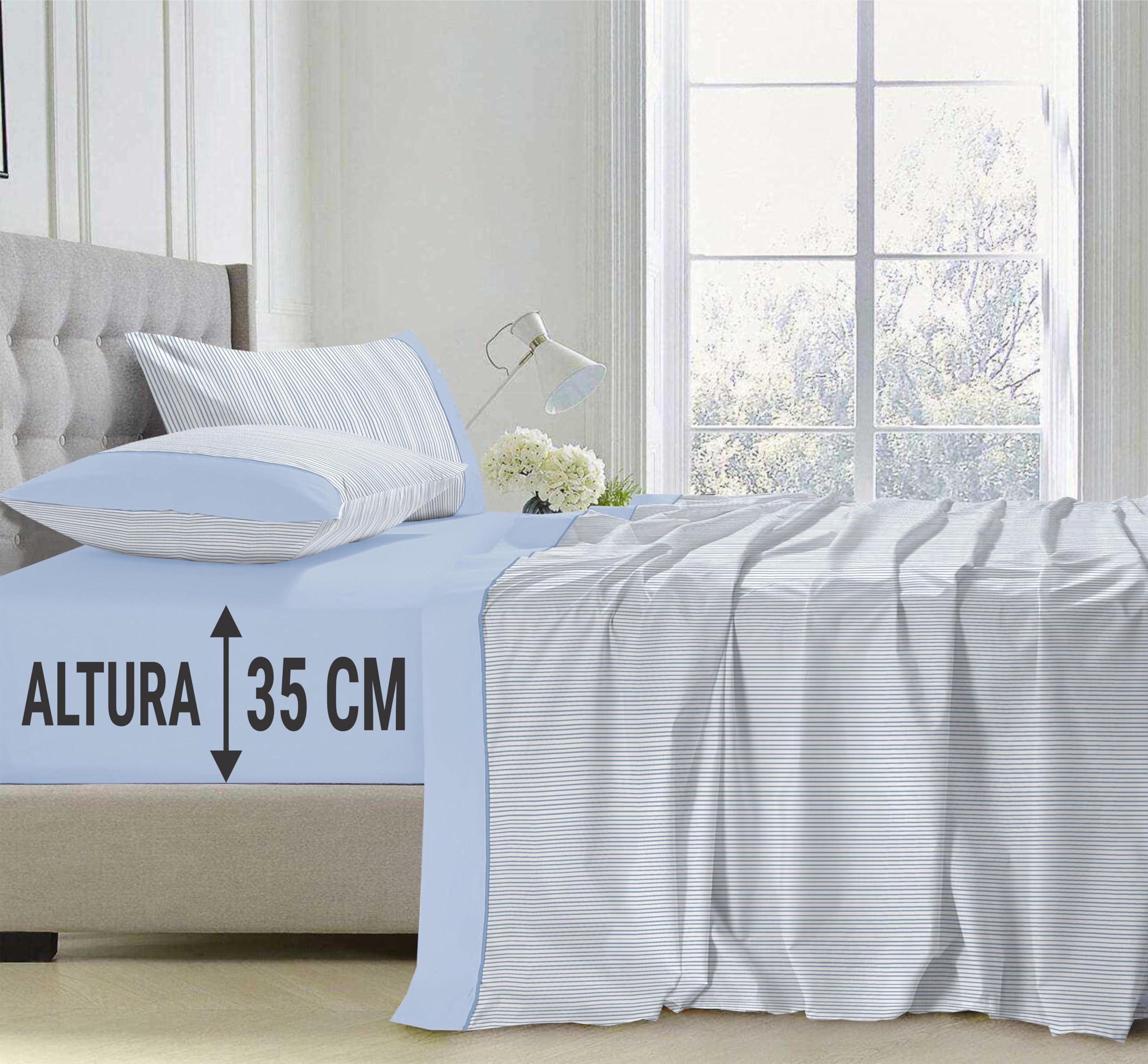 Juego de sábanas 150x200x35cm 100% Algodon de 200 Hilos Ropa de Cama Suave Resistente y Transpirable Ideal para Dormitorio Elegante y Descanso Confortable Ajuste colchon Alto 35CM Luna Azul