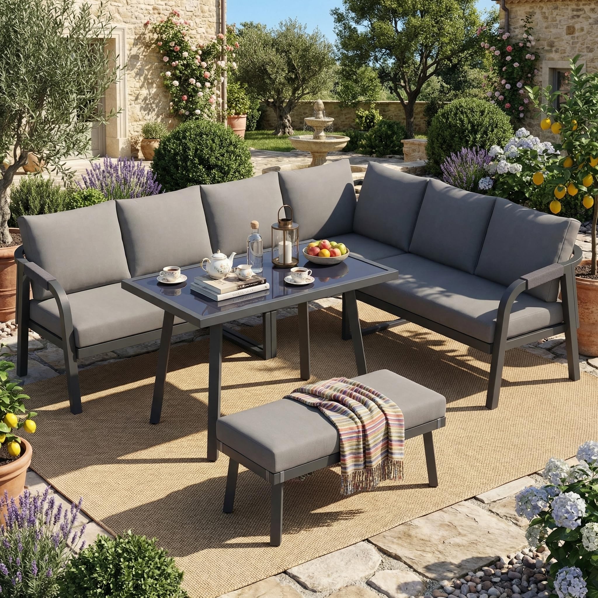 Zestaw mebli ogrodowych, zestaw mebli balkonowych, sofa narożna, zestaw do jadalni ze stołem i ławką dla 8 osób, odporne na warunki atmosferyczne, zestaw mebli outdoorowych z podłokietnikami z