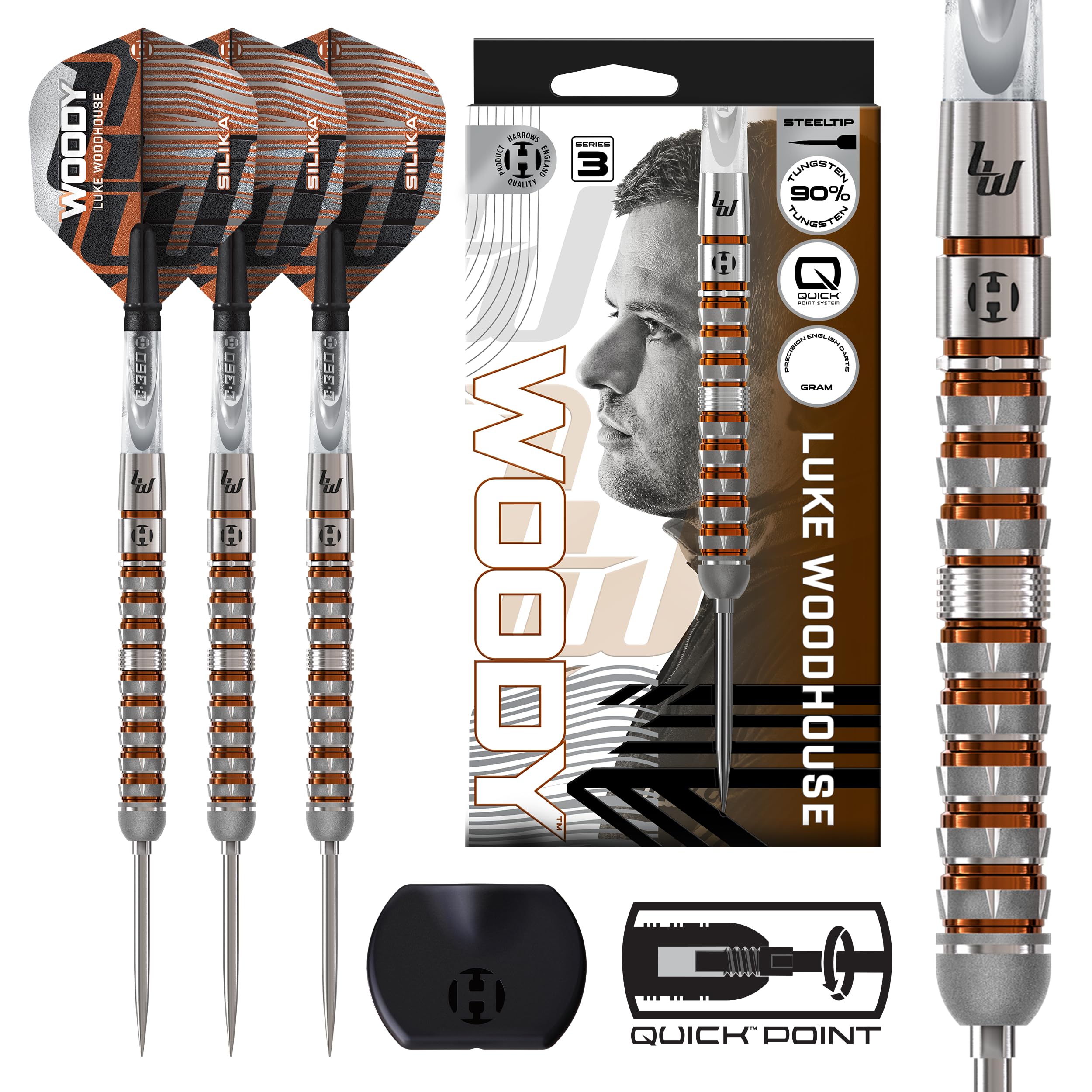 Harrows Luke Woodhouse Woody 90% Tungsten Darts, Series 3 Steel Tip Darts Set with Quick Point System Available in 21g, 23g & 25g With Quick Point Tool, Clear C-360 Shafts & Silika Flights (23g)