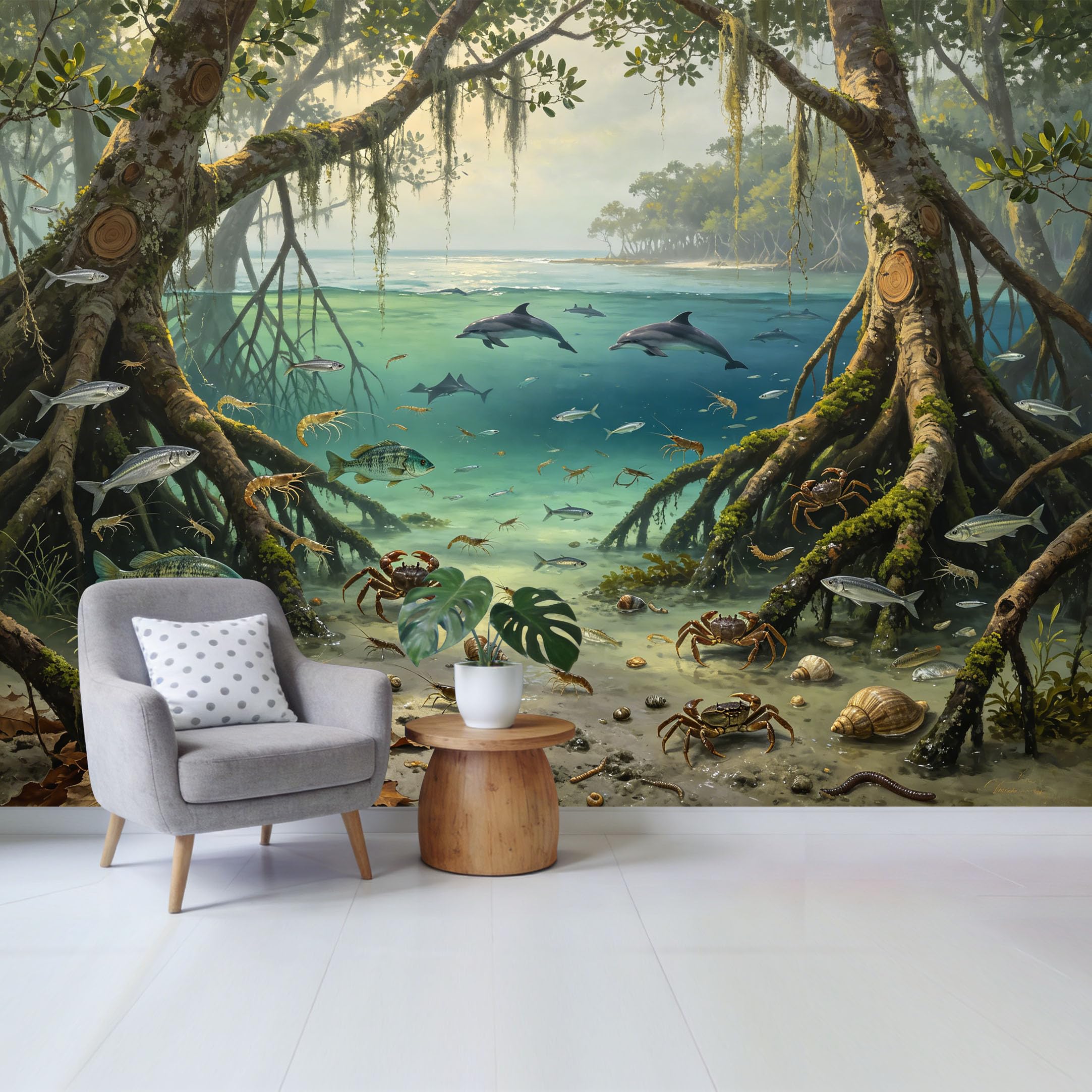 Custom Size Wall Mural Ocean Marine Mangrove Forest Dolphins Fish Crabs Underwater Landscape Removable Self Adhesive Fabric Home Wall Decor for Living Room Bedroom Bathroom
