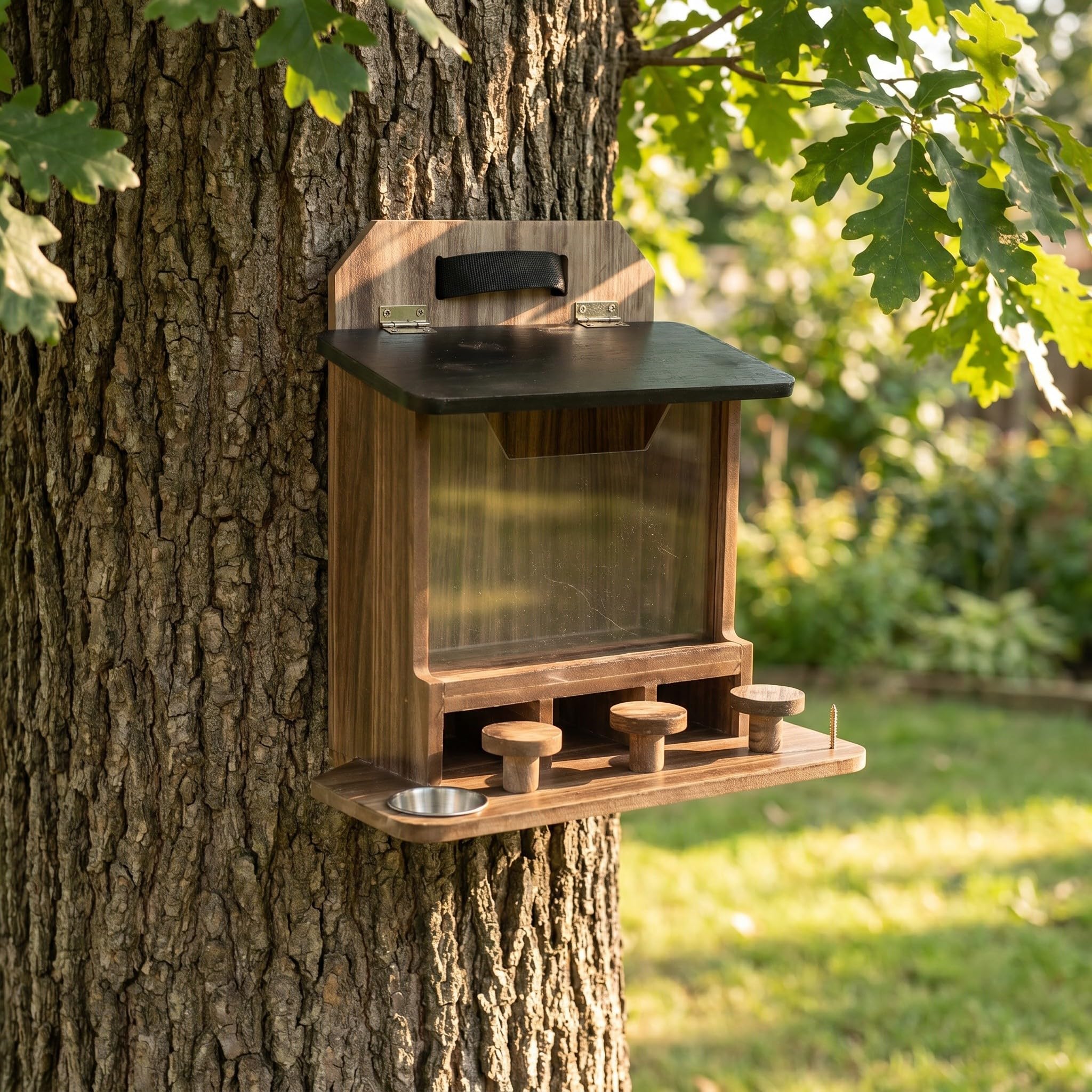 Zerodeko Mangiatoia per scoiattoli di legno da esterno - Scatola di alimentazione per scoiattoli striati in legno carbonizzato - 33x32x14 cm Stazione di alimentazione da montare su albero per