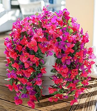 Faux Bougainvillea Artificial Flowers Plants for Outdoors Outside Decoration, 2pcs Fake Flowers Silk Long Trailing Vines UV Resistant Realistic for Patio