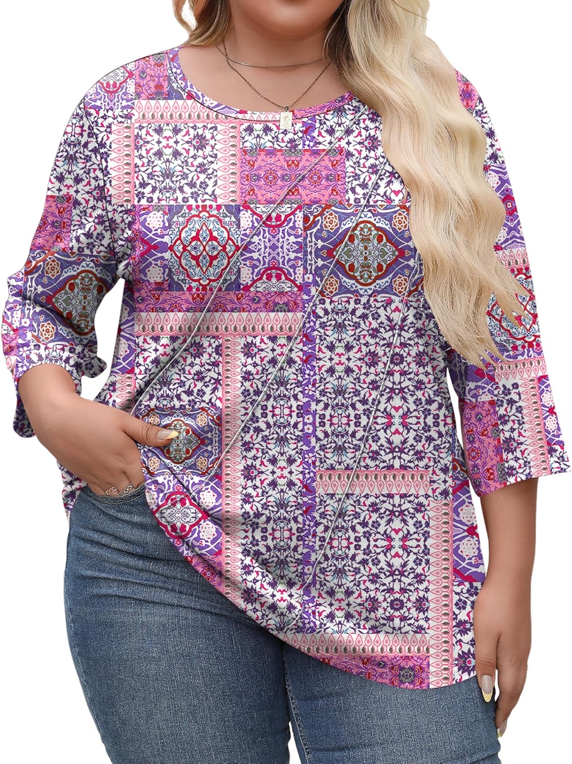 LOMON Womens Plus Size Tops 3/4 Length Sleeve Womens Tops Pleated Crewneck Fall Shirts Summer Blouses 2026 (1X-5X) - Image 2