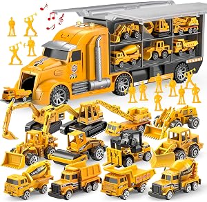 JOYIN Juego de camiones de construcción 25 en 1 con 12 vehículos y 12 figuras de trabajadores, camiones de juguete Push and Go con sonido y luz
