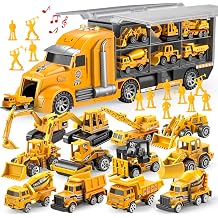 JOYIN 25 in 1 Die-Cast Construction Vehicles including Transporter Excavator Dump Truck Tractor with Sounds and Lights in Transporter Kids Gifts for Boys Ages 3+