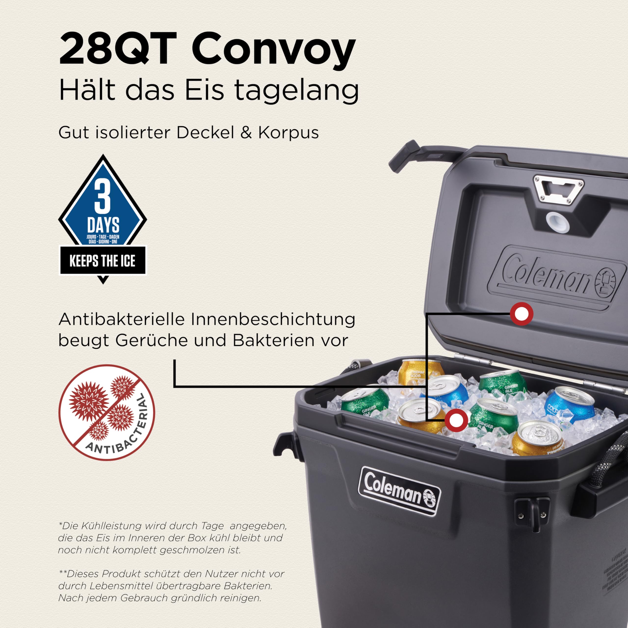 Coleman Convoy Hochleistungs-Kühlbox | 27L - 22L Fassungsvermögen | Hält EIS bis zu 5 Tage lang | Vollschaumisolierung | Große, tragbare Eisbox für den harten Einsatz im Freien & auf Baustellen