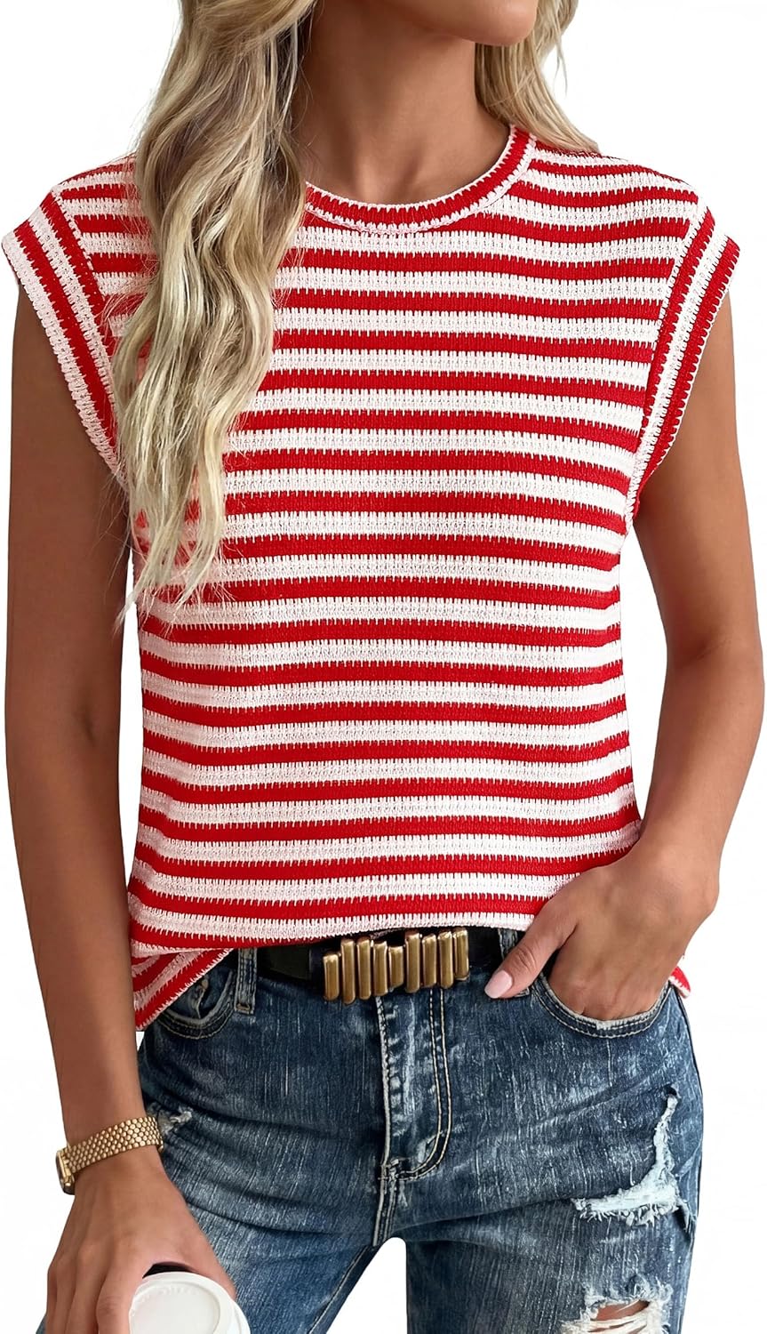 PRETTYGARDEN Women's 2026 Spring Vest Tops Cap Sleeve Striped Shirt Knit Tank Top Summer Beach Vacation Clothes - Image 3