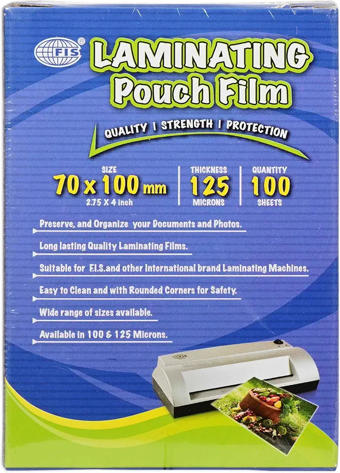 FIS® Laminating Pouch Film, Size 70x100mm, 125 Micron Thickness, 100 Sheets, Rounded Corners-FSLM70100