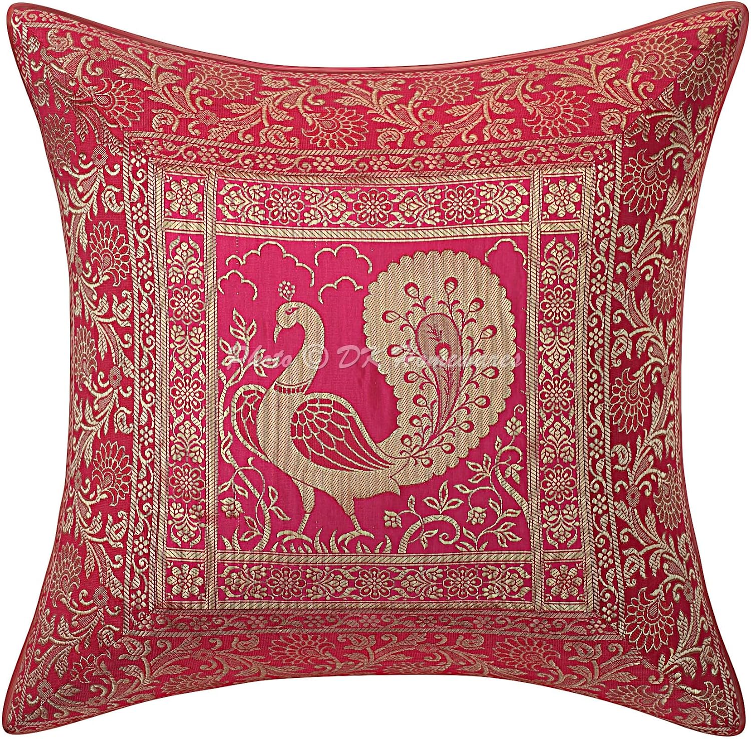 Decorative Throw Cushion Covers 16 x 16 Inch Brocade Jacquard Weave Indian Peacock Square Cushion Covers (Size - 40x40 cm ; Color: Magenta & Gold) - Set of 5 Pcs (Cover Only)