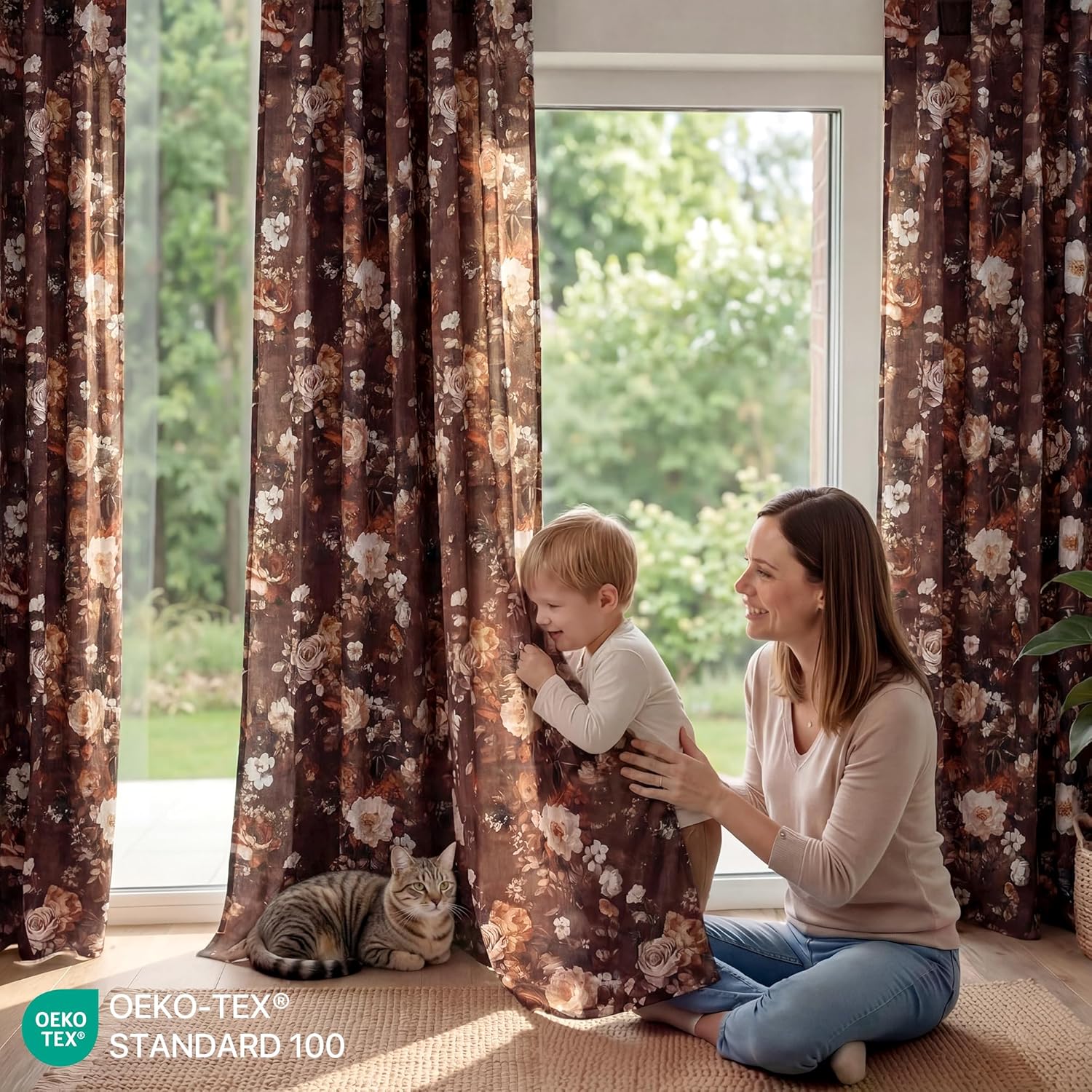 RYB HOME Black Velvet Curtains 108 inches Long, Printed Floral Vintage Design Home Decoration Super Soft Privacy Protect Drapes for Bedroom Living Room, W50 x L108 inches, 2 Panels
