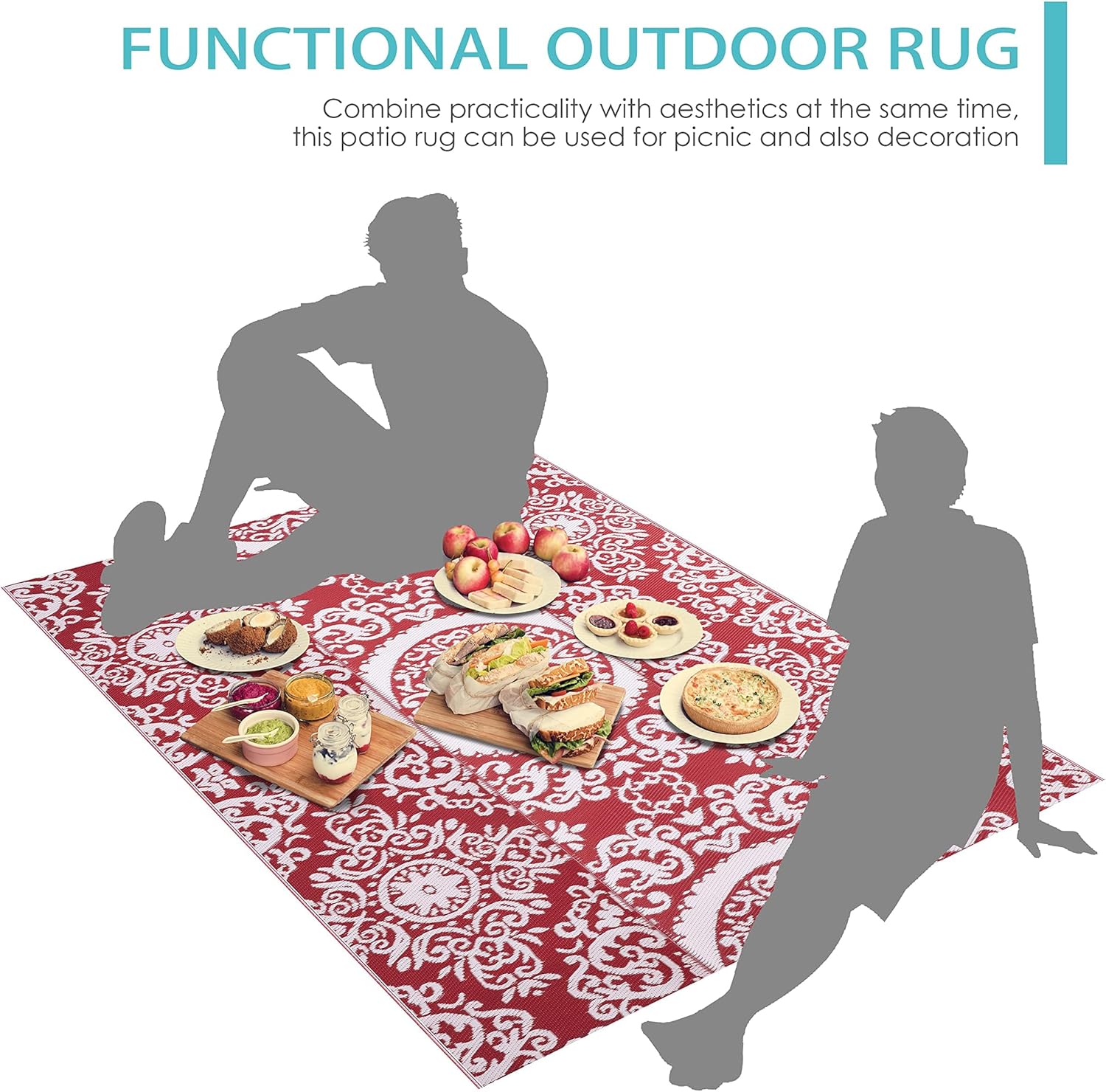 NUU GARDEN Outdoor Rug, Plastic Straw Foldable Area Rug Indoor Outdoor Carpet for Patio Decor Balcony Camping Picnic RV, 6 ft x 9 ft, Red and White