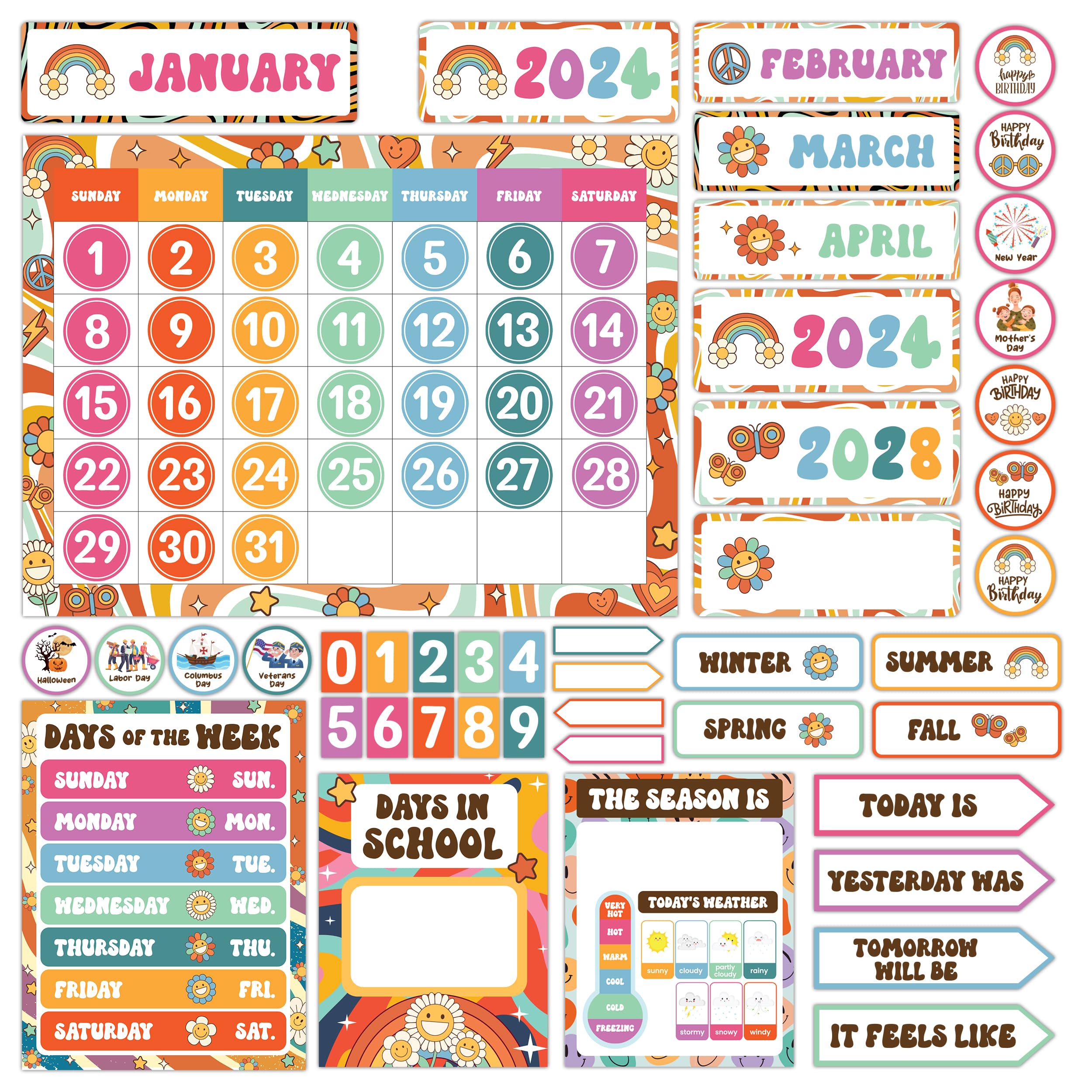 Decorably 130 Pcs Cutouts Retro Classroom Calendar Set Bulletin Board, Groovy Theme School Calendar for Classroom - School, Homeschool