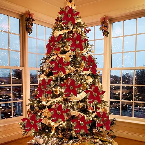 Miniatura 7 de Flores de Pascua artificiales con purpurina y clips de bricolaje para decoración, adornos y coronas de Navidad para decorar árboles de Navidad y