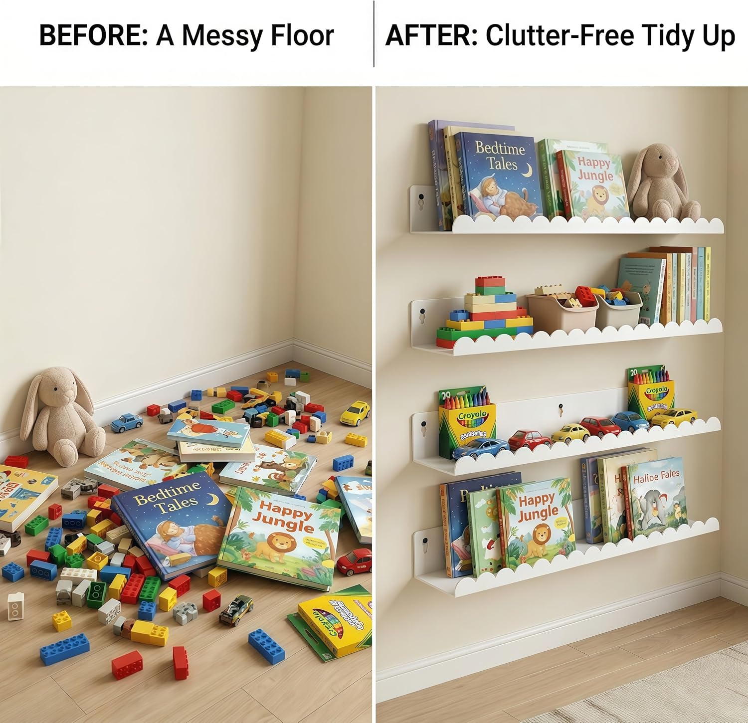 24 Inch Nursery Book Shelves Set of 4, White Metal Floating Shelves for Wall, Scalloped Cloud Book Shelf for Kids Room, Bathroom, Bedroom, Playroom Wall Decor & Storage