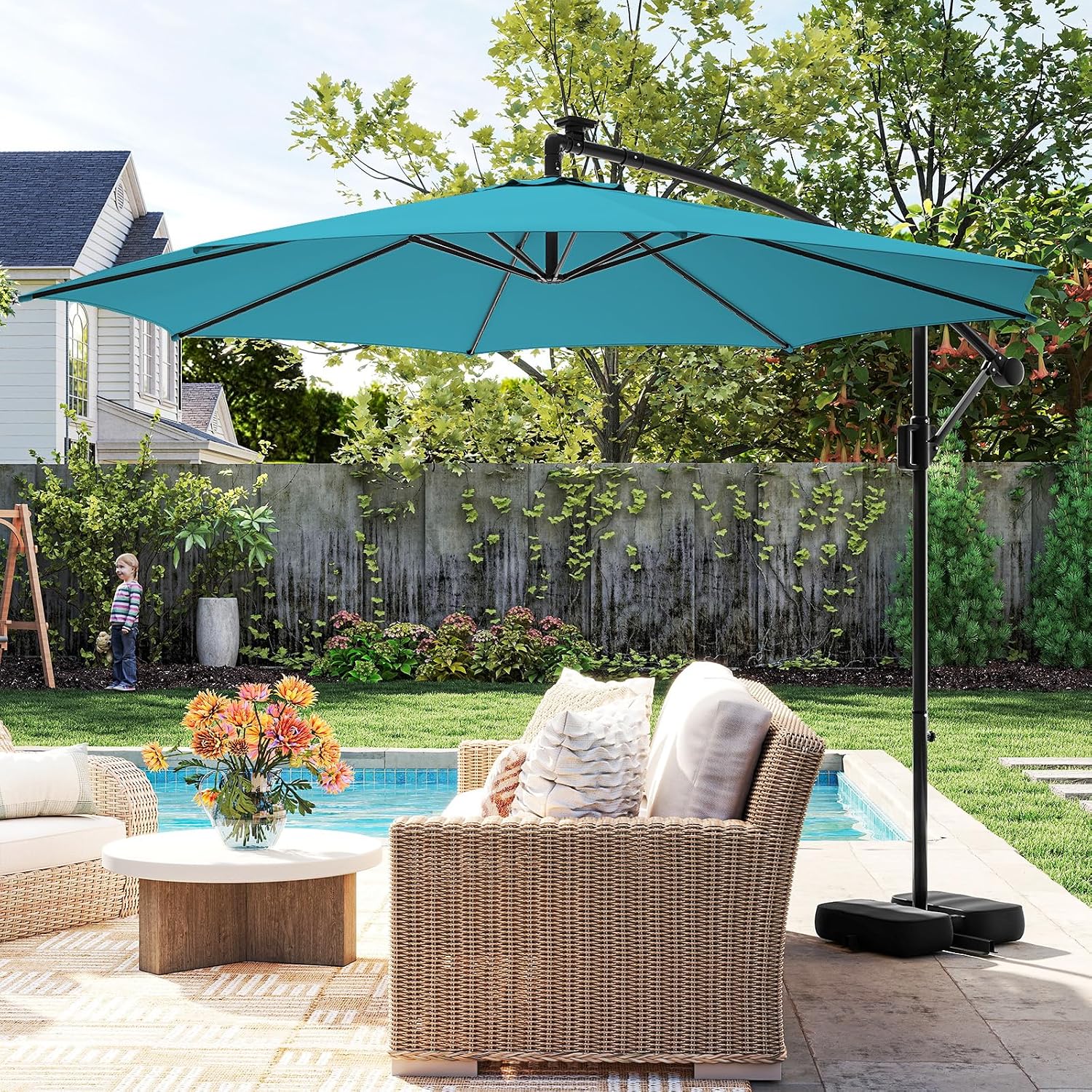 HAPPYGRILL 10 FT Offset Hanging Umbrella with Multi-Colored Flowing LED Lights, 9 Light Modes, Outdoor Patio Cantilever Umbrella with Base, Easy Tilt, 360° Rotation, Crank
