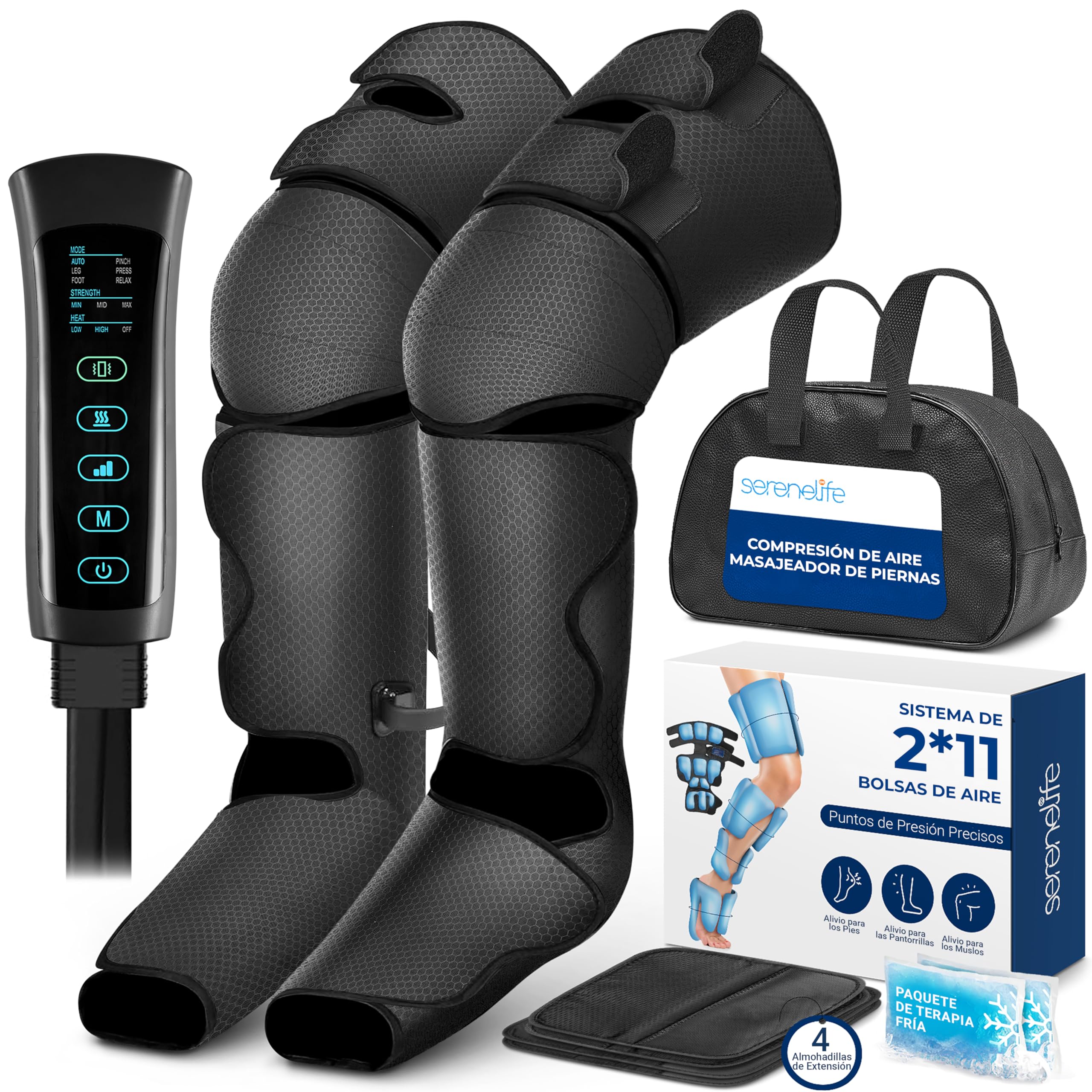SereneLife masajeador de piernas completo, Presoterapia con compresión de aire y calor en rodillas y pantorrillas, 11 airbags, 6 modos, 3 niveles, 2 bolsas de hielo, Controlador inteligente