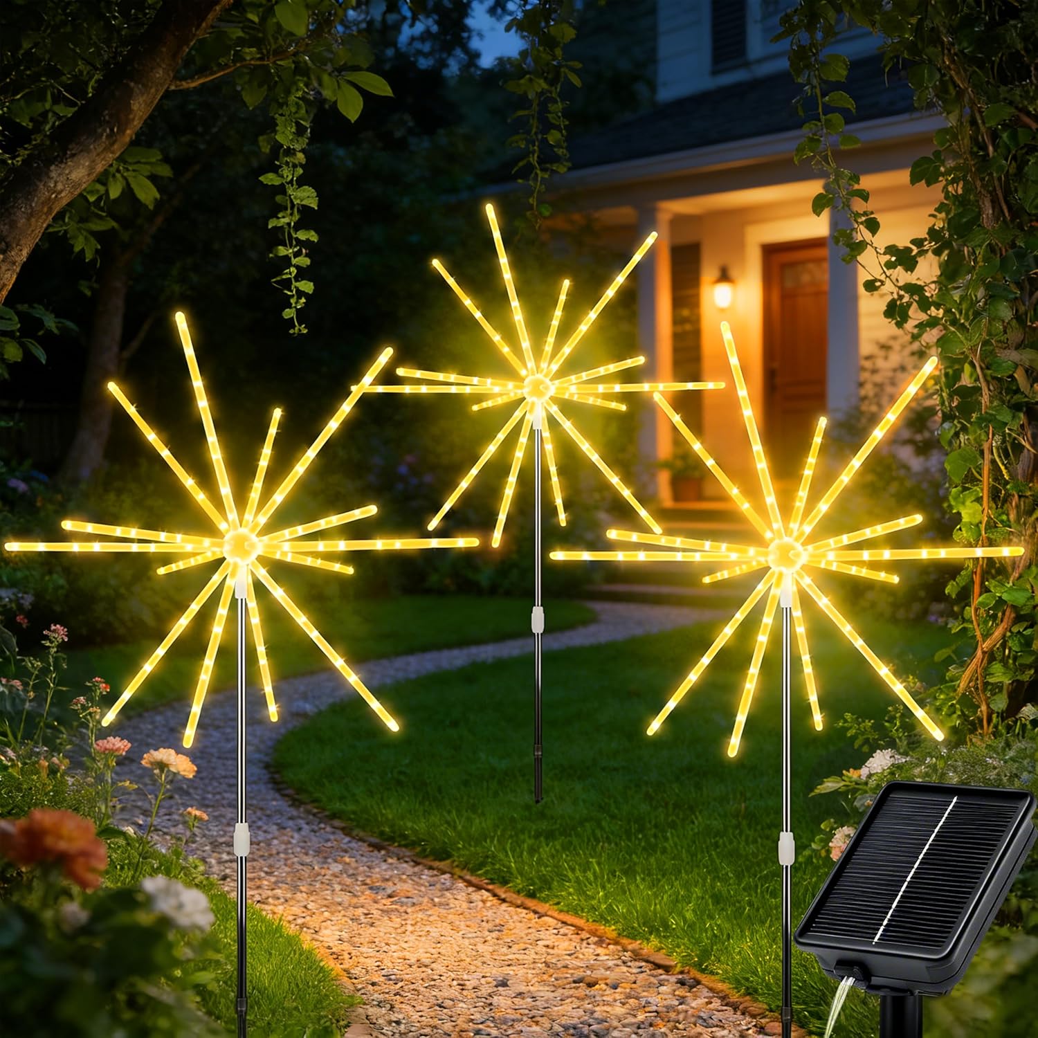 CCILAND 3 Pack Solar Starburst Lights Outdoor, 336 LED Solar Pathway Lights with Auto ON/Off 8 Modes, DIY Garden Lights for Lawn Yard Balcony Decor (Warm White)