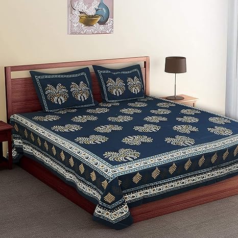 Braise Premium Pure Cotton Floral Ethnic Design Double Bedsheet with 2 Pillow Covers (Royal Blue, Brown, Super King Size, 108 x 108 in )