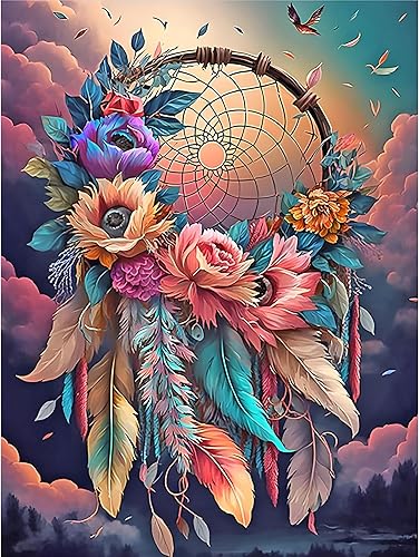 Rheskbecy Dream Catcher Diamond Mosaic Painting Kits for Adults Flowers Diamond Art Beginners Full Drill Round 5D Diamond Dots DIY Gem Painting Kit