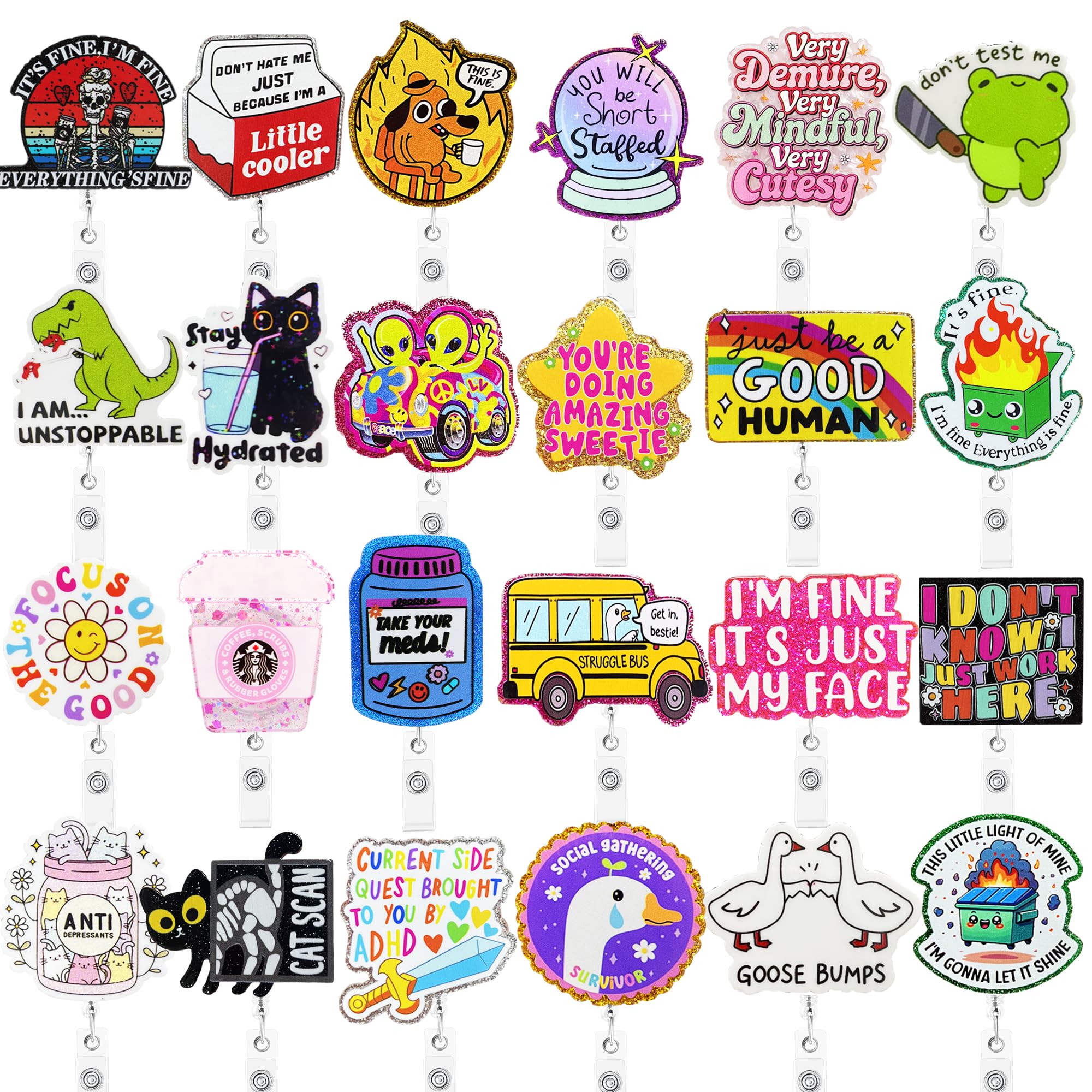 Hotlea 24 PCS Nurse Badge Reels Bulk Funny Badge Holders Retractable Clip Cute Nursing Pharmacy Medical Asssitants RN LPN CNA Badge Buddy Accessories