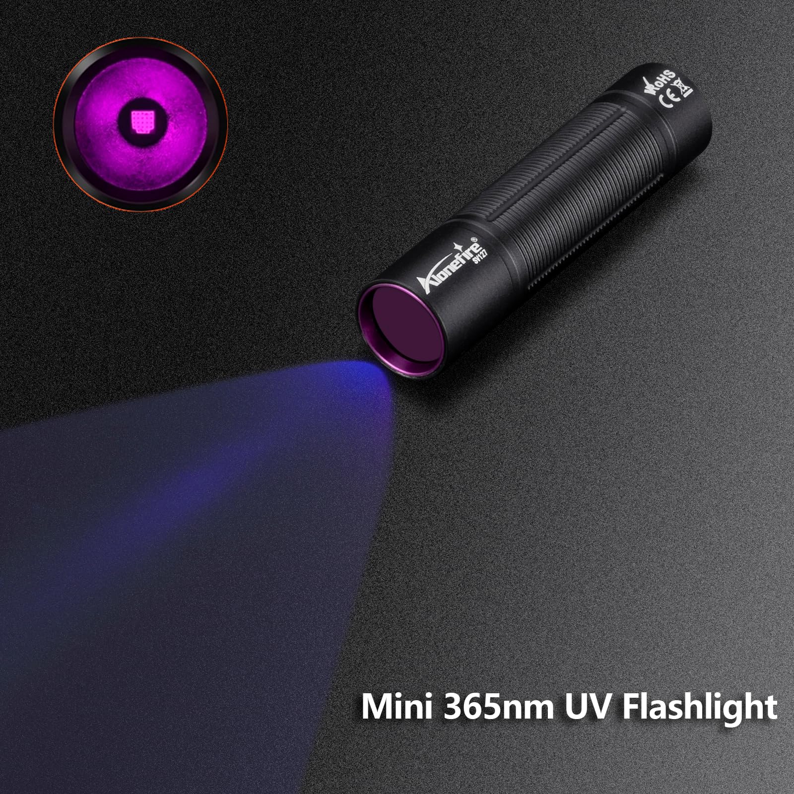 Alonefire SV127 Torcia UV LED Piccolo Professionale 365nm USB C Ricaricabile Mini Lampada Ultravioletti per Resina, Pesca, Fluoresceina, Rilevatore di Urina,Minerali con Batteria Incorporata