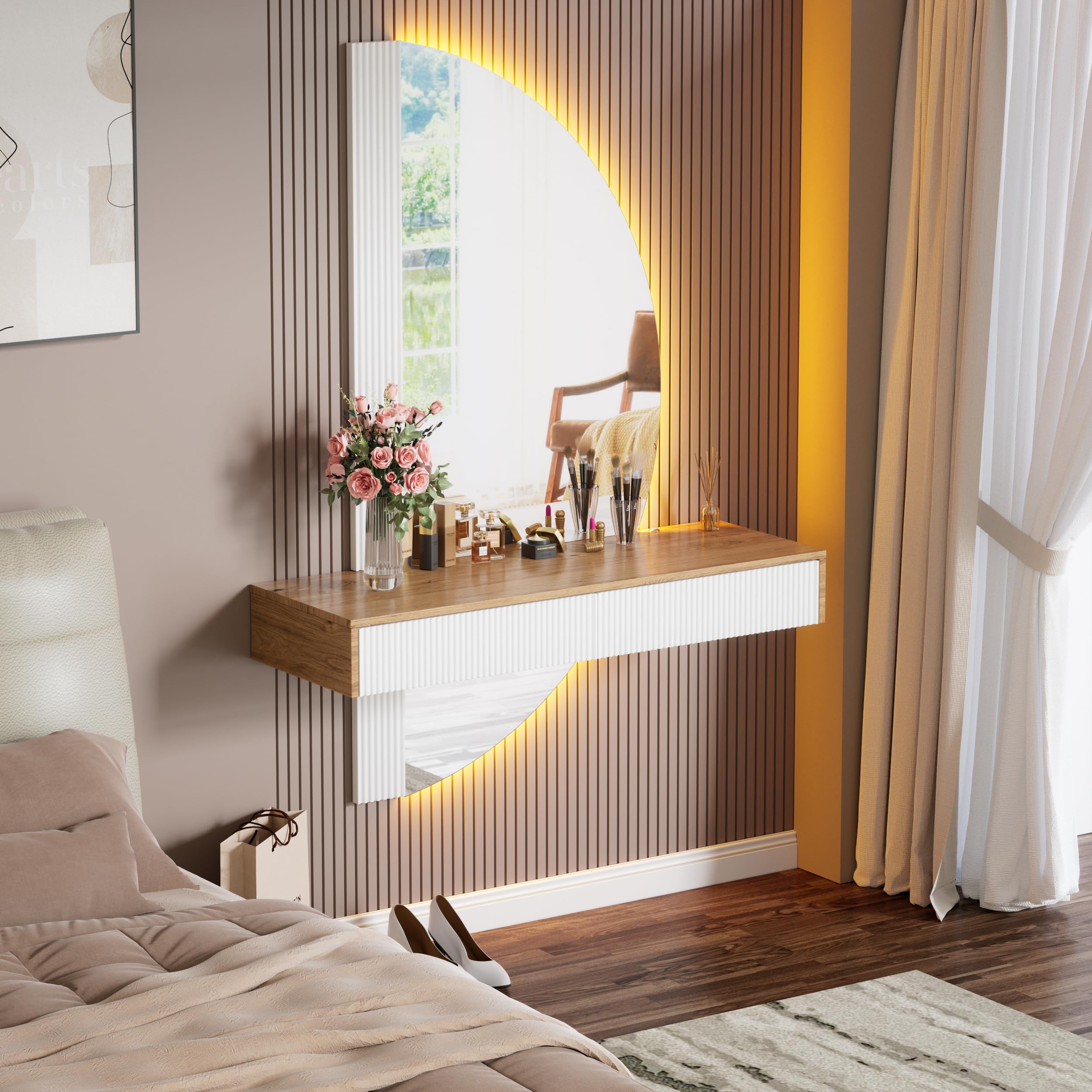 MSFE Tocador Flotante con luz LED y Espejo Semicircular, Penteadeira,Mesa de Maquillaje de Pared con 2 Cajones, Tocador de Maquillaje, Altura Regulable, Ahorro de Espacio, 120 x 40 x 160cm