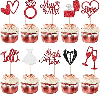 30 PCS Bride to Be Cupcake Toppers Glitter Miss to Mrs I Do Love Heart Ring Cupcake Picks Wedding Bridal Shower Cake Decorations for Wedding Engagement Bachelorette Party Supplies Red