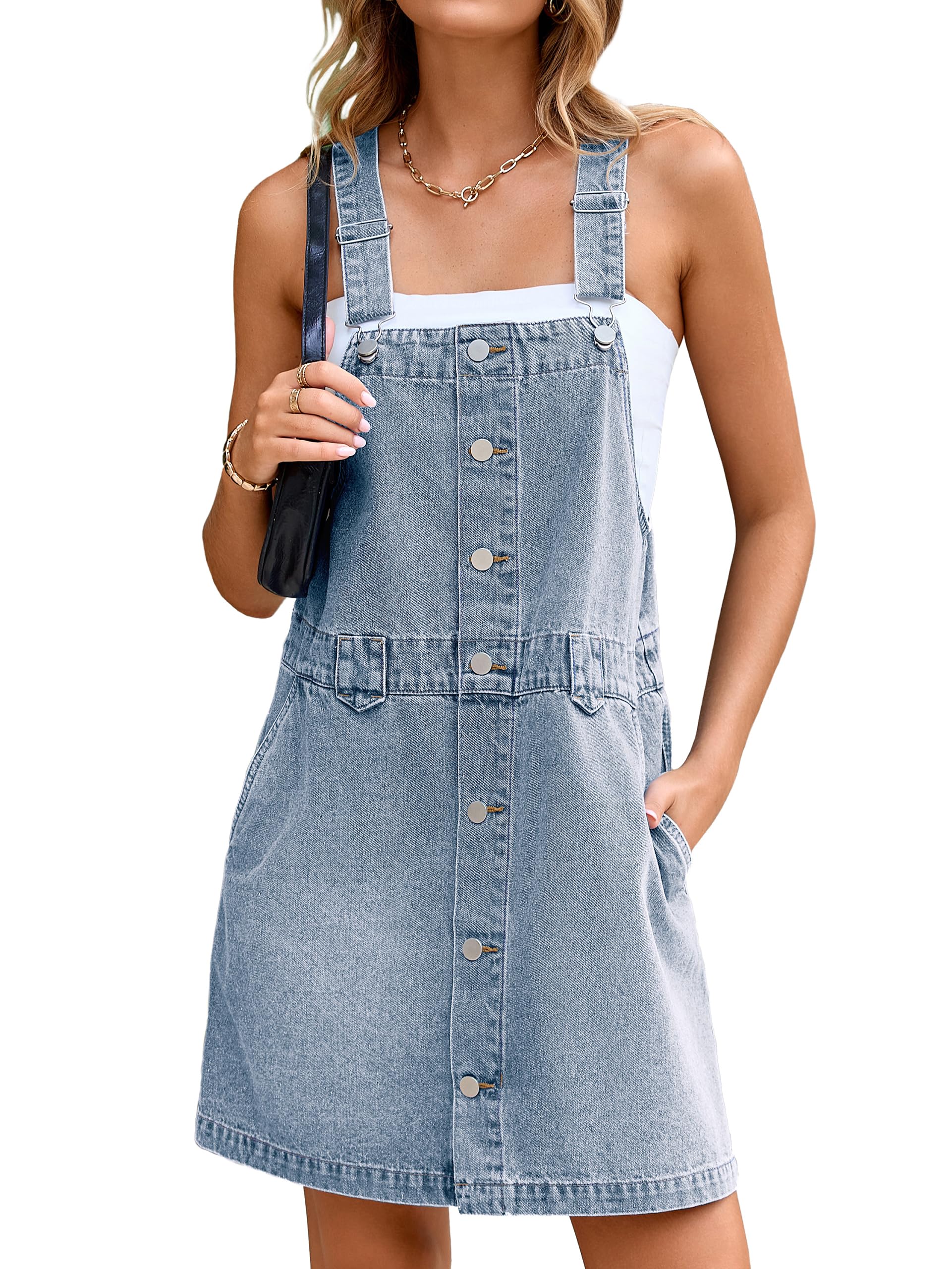 Glamaker Women's Denim Overall Dress Jean Sleeveless 2025 Mini Pinafore Casual Button Dress with Pocket