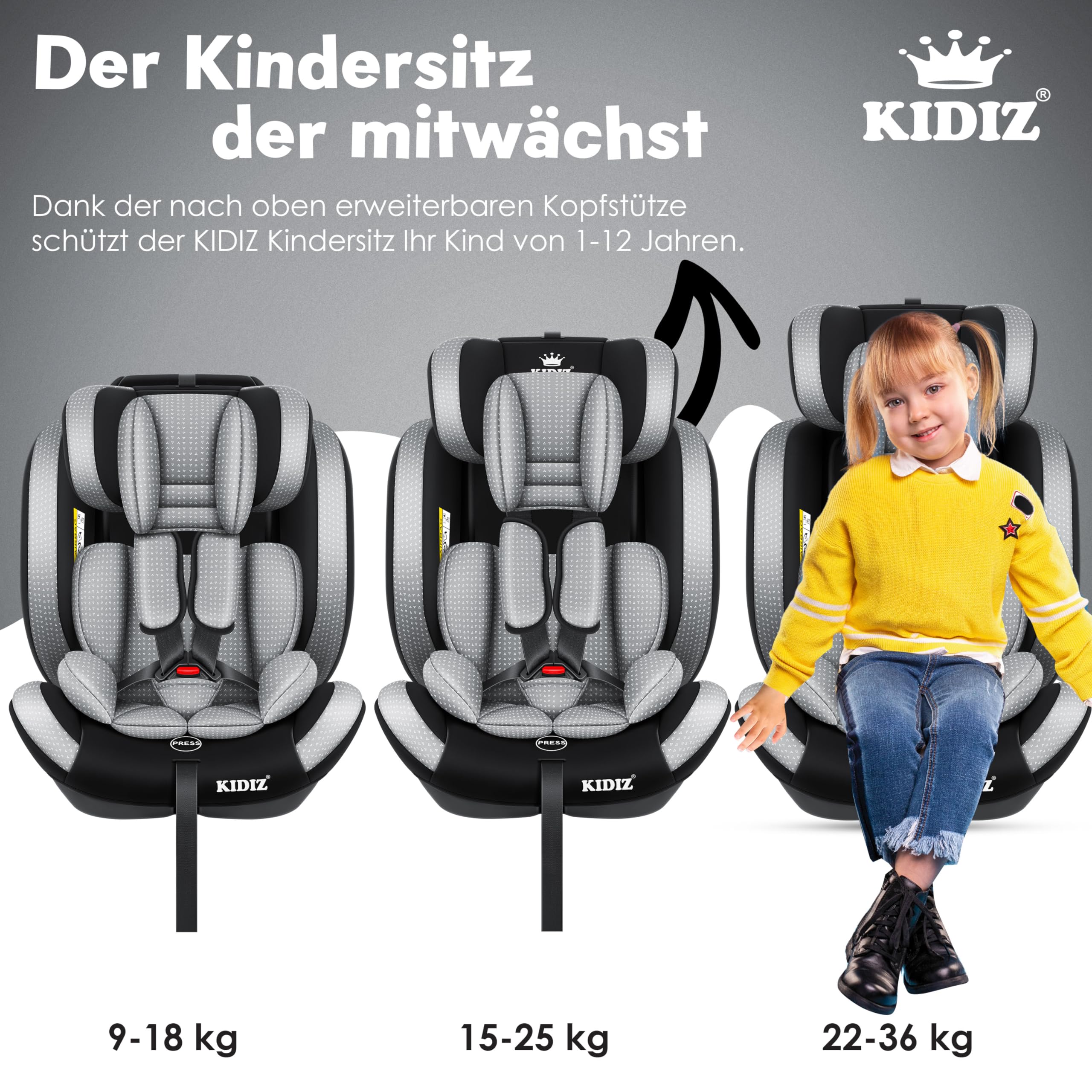 KIDIZ Siège Auto Triangle Premium Groupe 1/2/3 9-36 Kg 1-12 Ans Avec Isofix - Homologué ECE R129